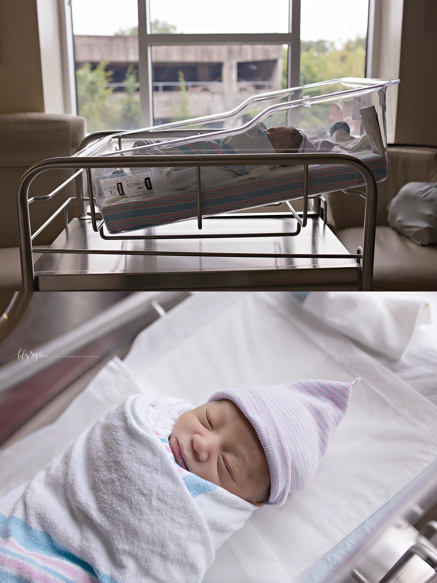  Horizontally stacked images of a sleeping, African American, infant, newborn, boy, sleeping in his hospital bassinet.&nbsp; 