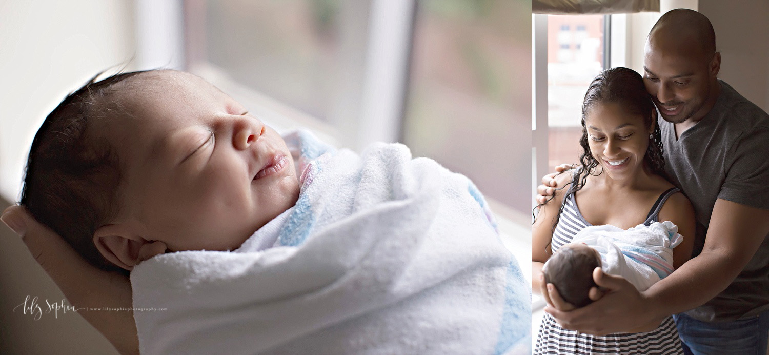  Side by side images. The first image, is a close up of an African American, sleeping, baby, newborn, infant boy half smiling. The second image, is of the African American parents smiling down at their newborn son.&nbsp; 