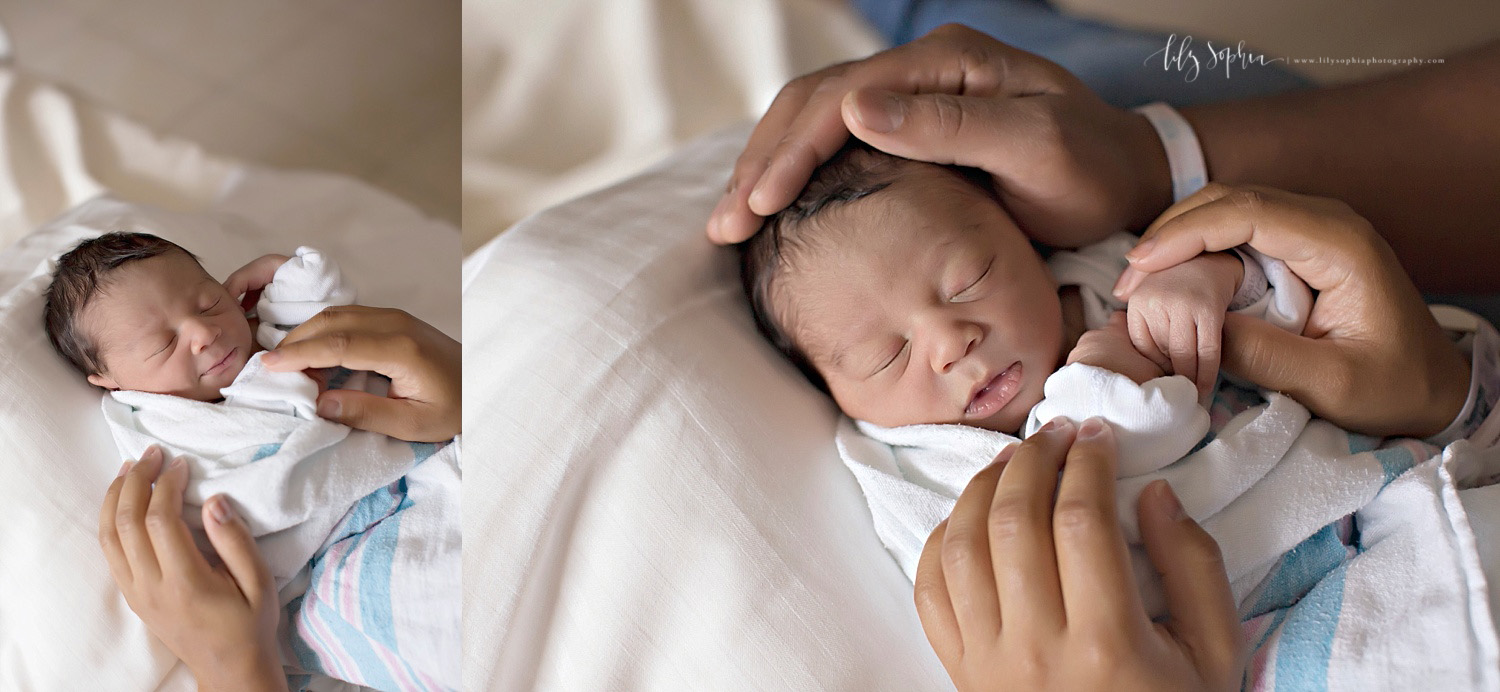  Side by side images of an African American, sleeping, newborn, baby, boy with his parents hands on him. 
