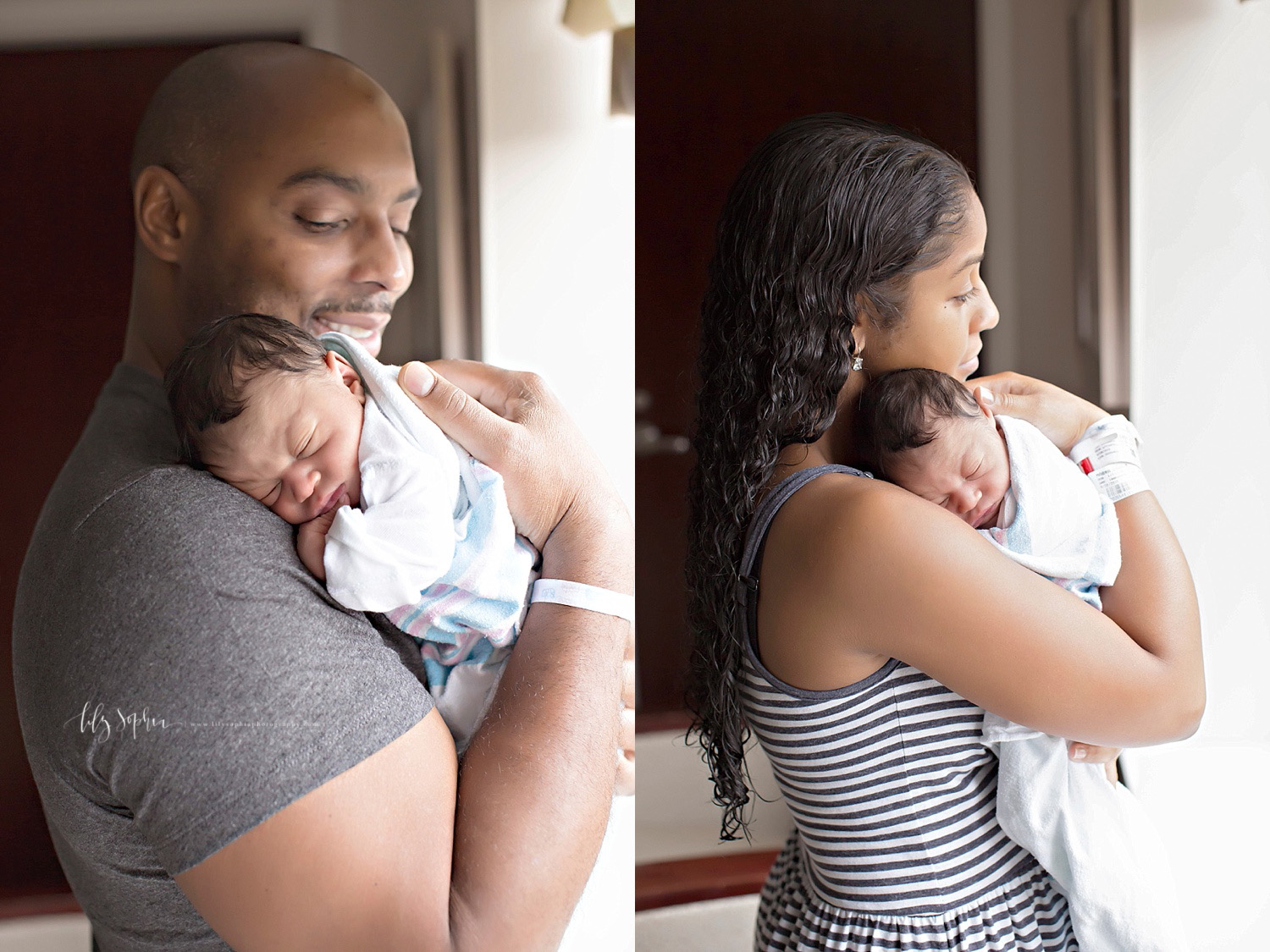  Side by side images of African American parents holding their sleeping newborn son on their shoulders.&nbsp; 