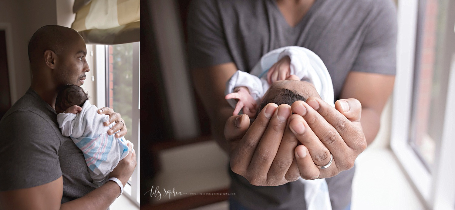  Side by side images of an African American man holding his sleeping newborn son. In the first image, he is holding him to his chest. In the second image, he is holding his son in his hands.&nbsp; 