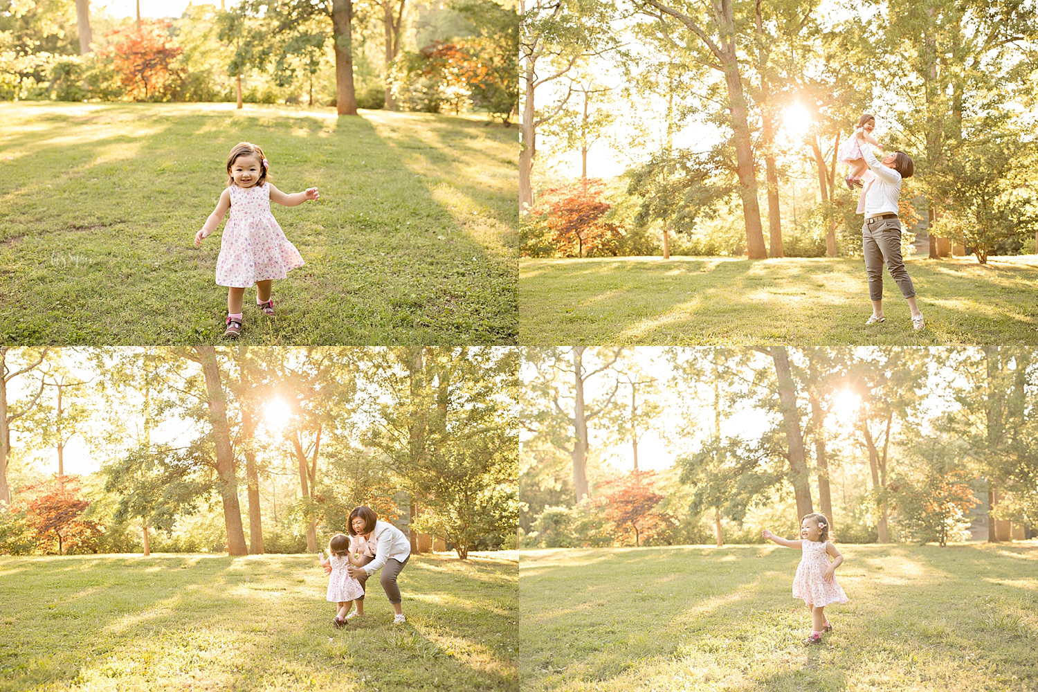  Image collage of a little, Asian, girl, running to her mother and getting tossed in the air.&nbsp; 