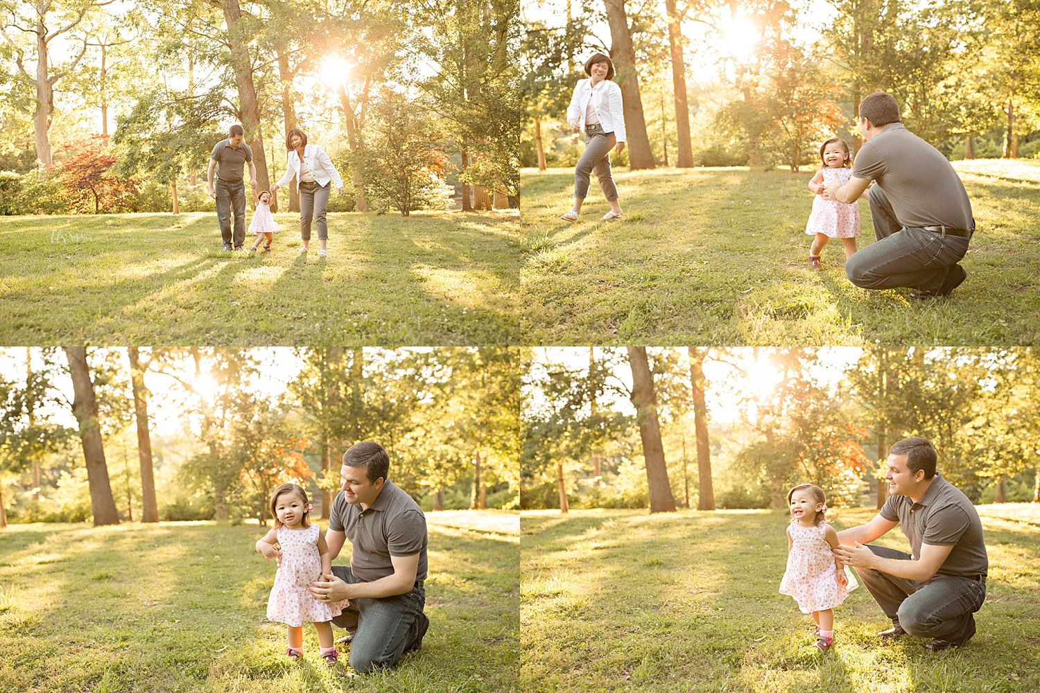  Image collage of a Caucasian man, and his Asian wife, interacting with their two year old half Asian daughter in a park.&nbsp; 