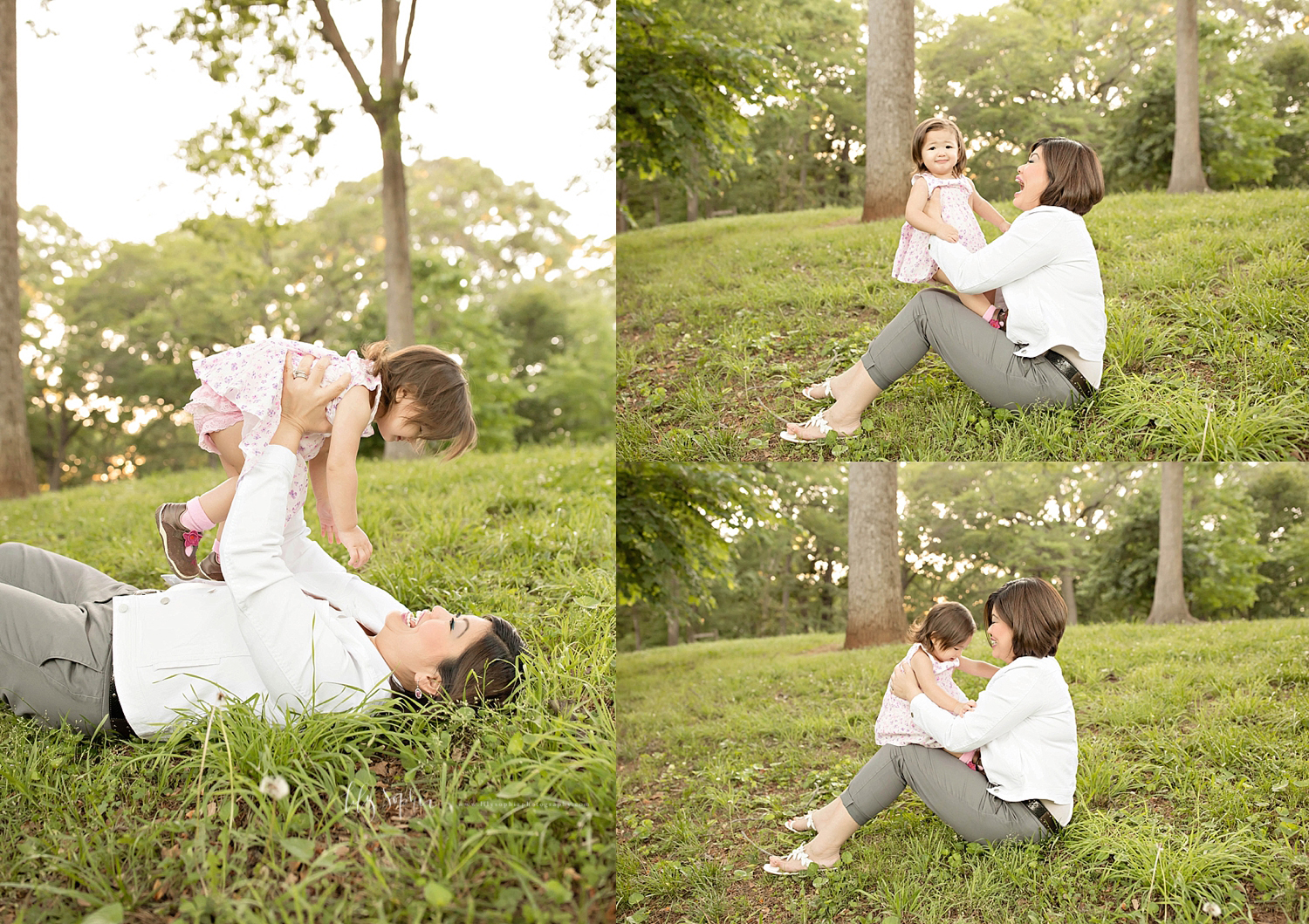  Image collage of an Asian woman, holding her baby up while she lays down on the ground, and then holding her on her lap.&nbsp; 