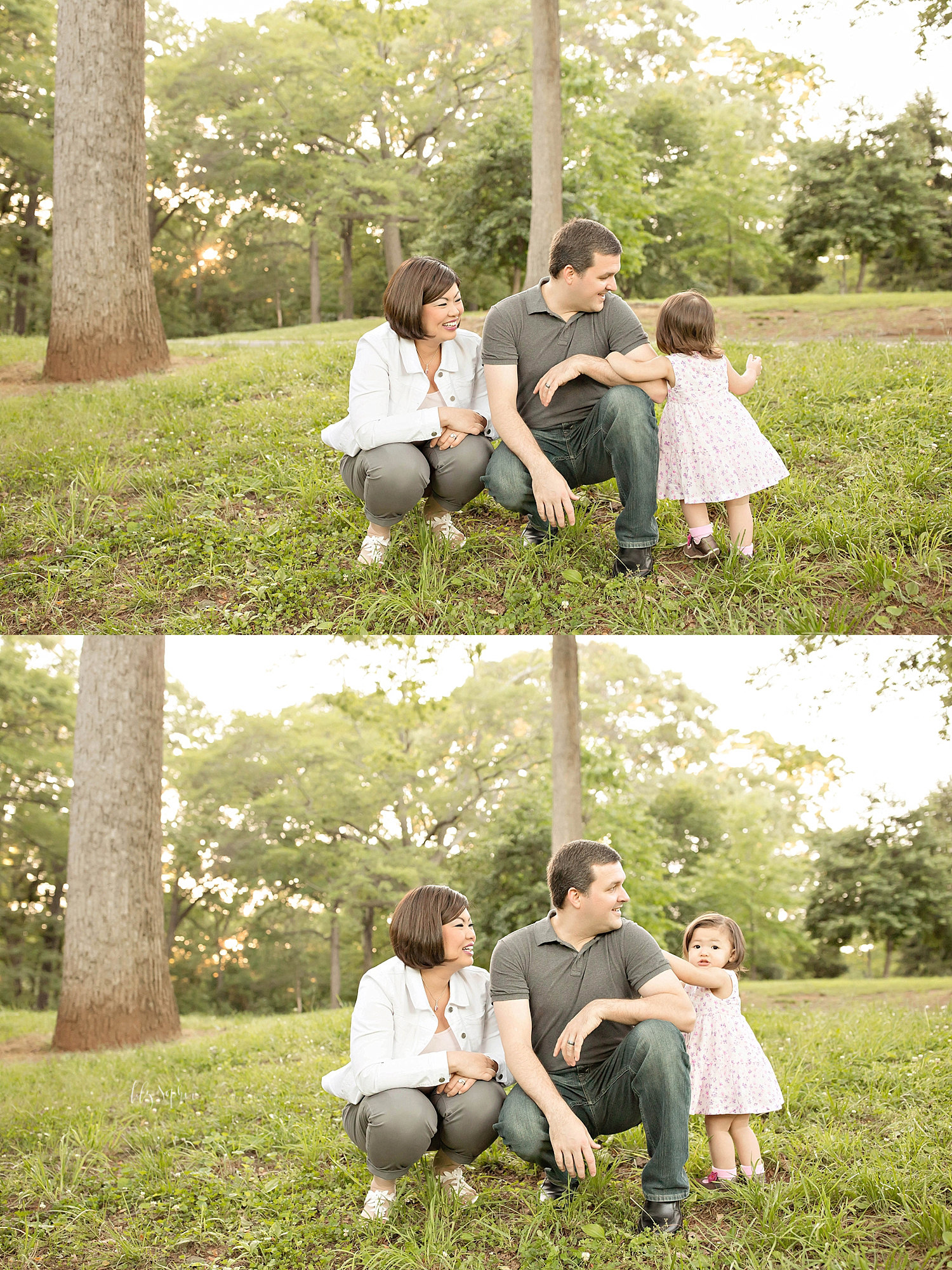 Stacked images of a family of three, with the parents crouched down and interacting with their little girl.&nbsp; 