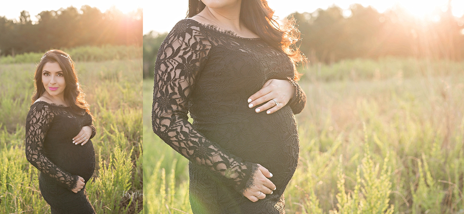  Image of a pregnant woman, in a black lace dress, standing in a field, with a gold leaf crown in her hair.&nbsp; 