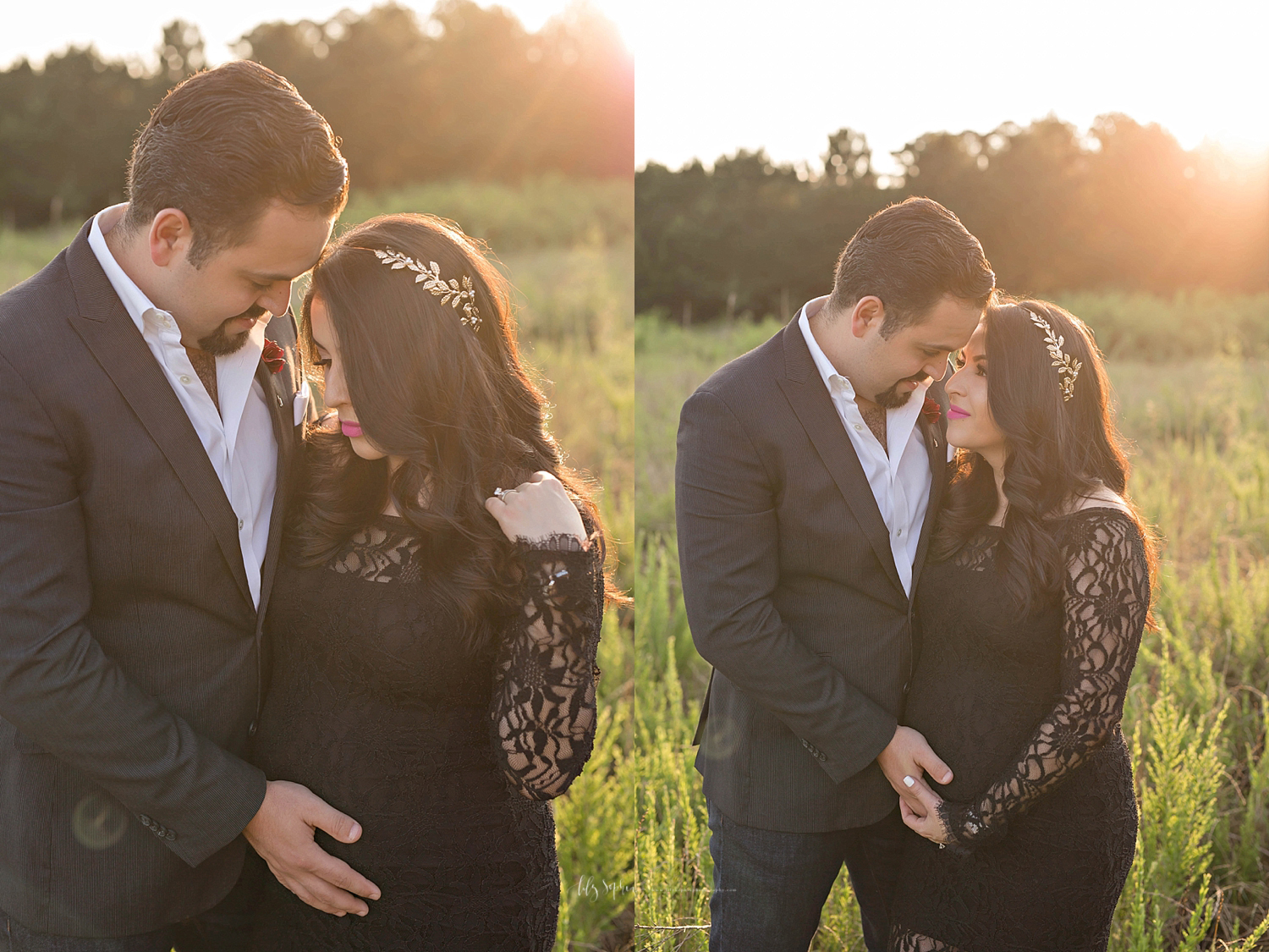  Side by side images of a pregnant woman in a black lace dress, standing next to her husband, while he touches her belly.&nbsp; 
