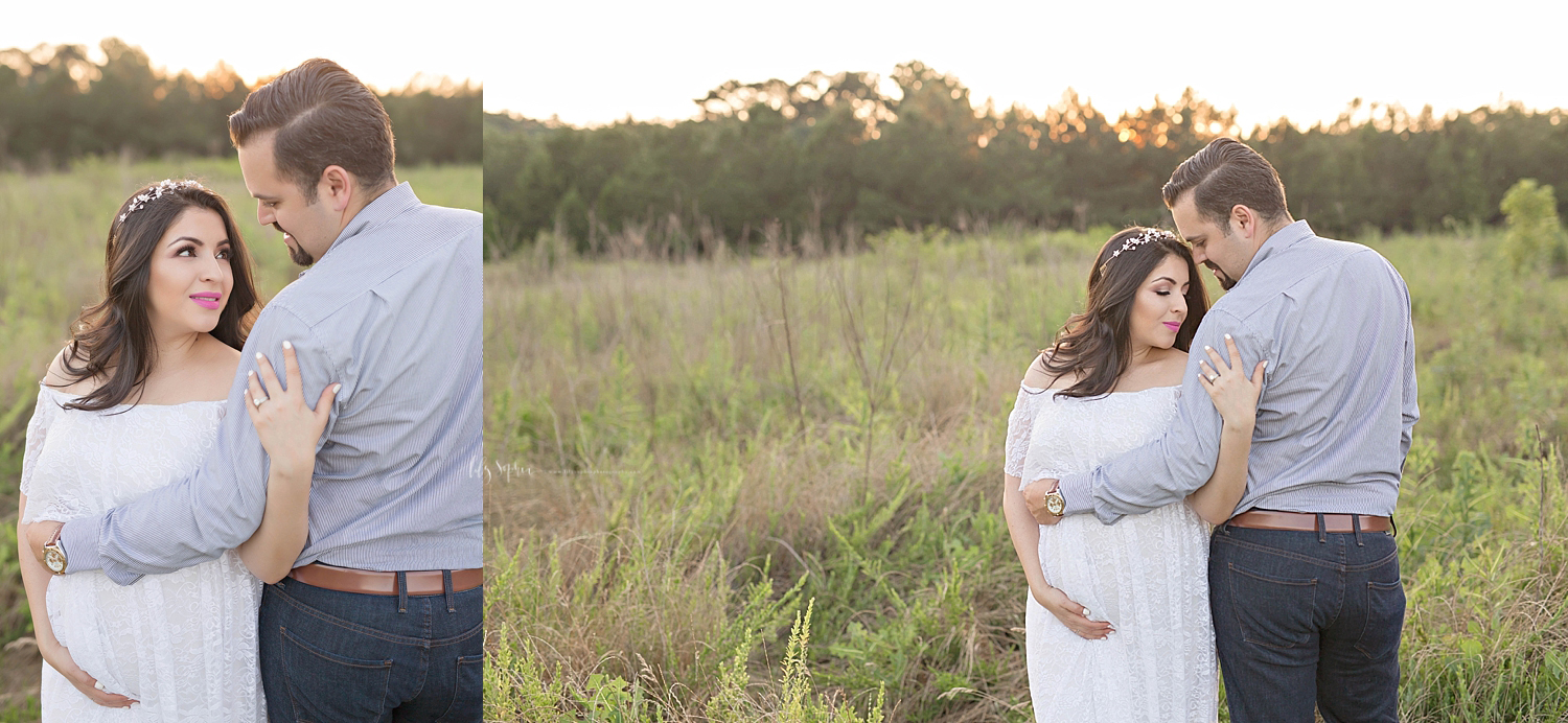  Side by side images of a pregnant woman, wearing a white lace, off the shoulder dress, standing in a field with her husband.&nbsp; 