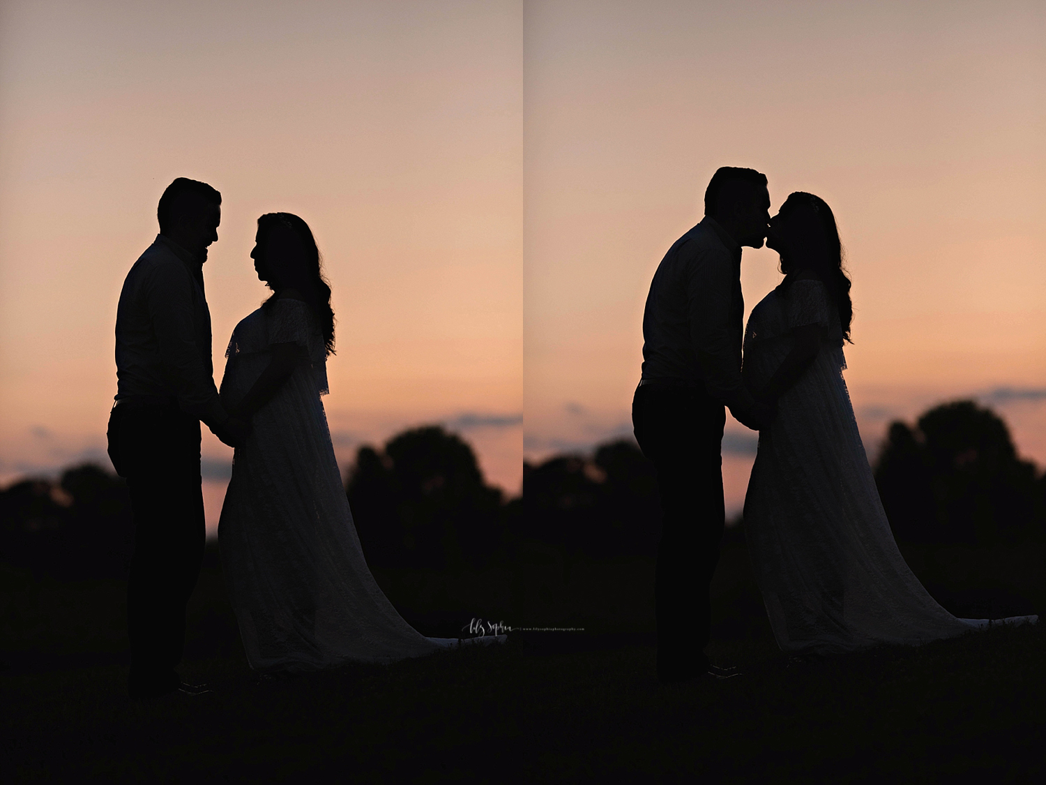  Side by side, silhouette images of a pregnant woman, and her husband.&nbsp;&nbsp; 