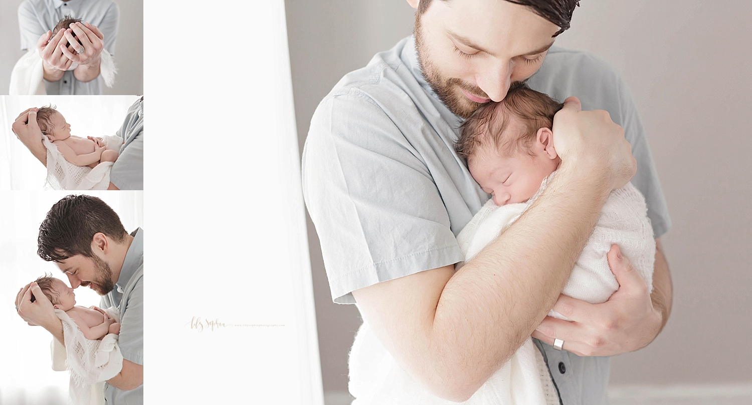 Dad cherishing his newborn son as he holds the head of his newborn in his hands, snuggles his nose to his newborn son’s nose, and cuddles his son next to his chest. 