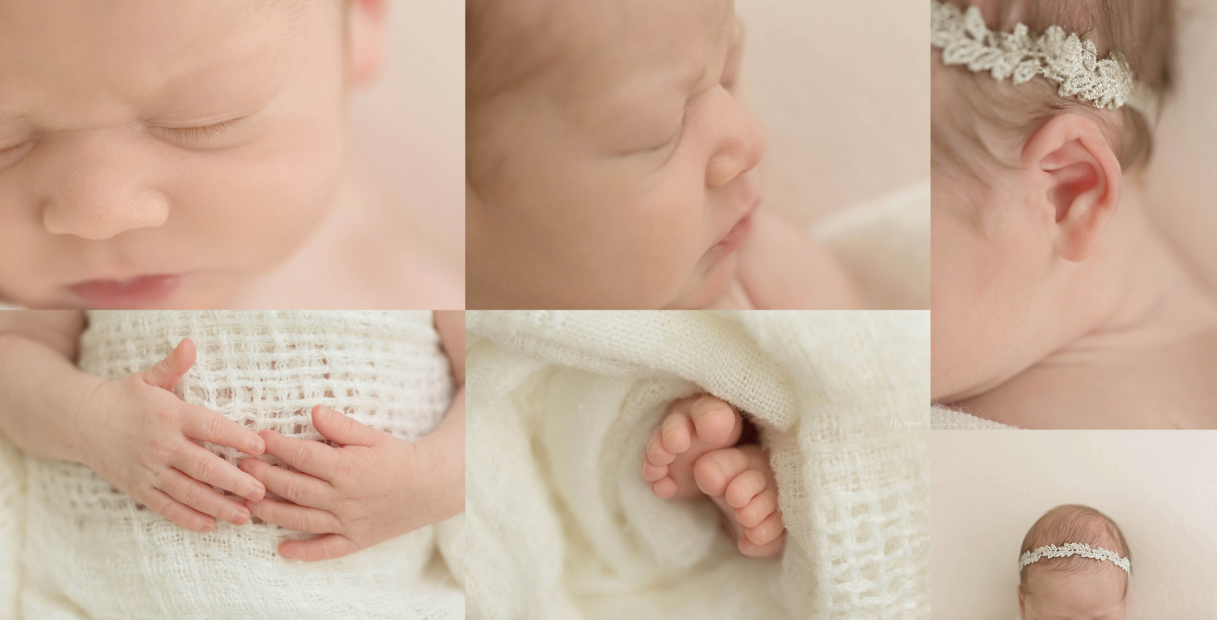  Macro image collage of sleeping, newborn, baby, girl features, nose, eyelashes, ear, fingers, toes and hair.&nbsp; 