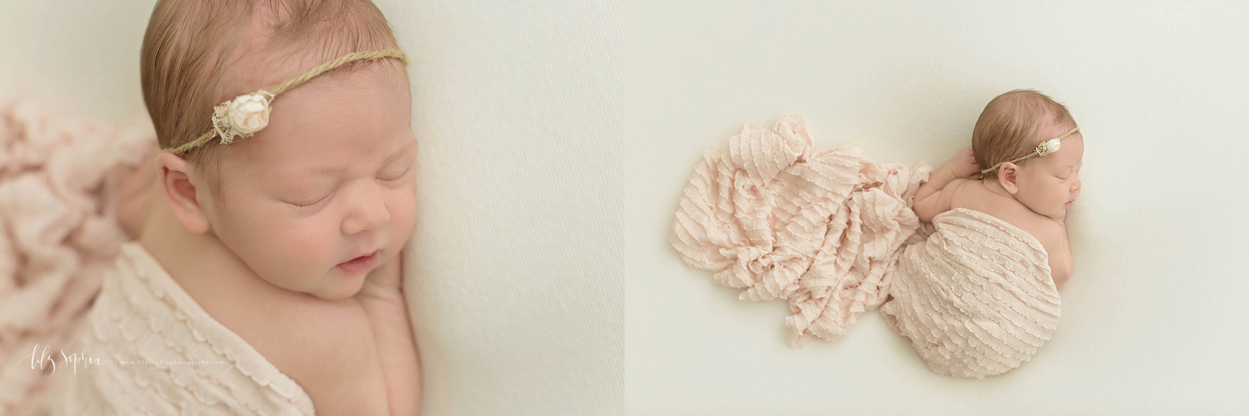  Side by side images of a sleeping, newborn, baby girl, on her stomach with a rosebud headband in her hair.&nbsp; 