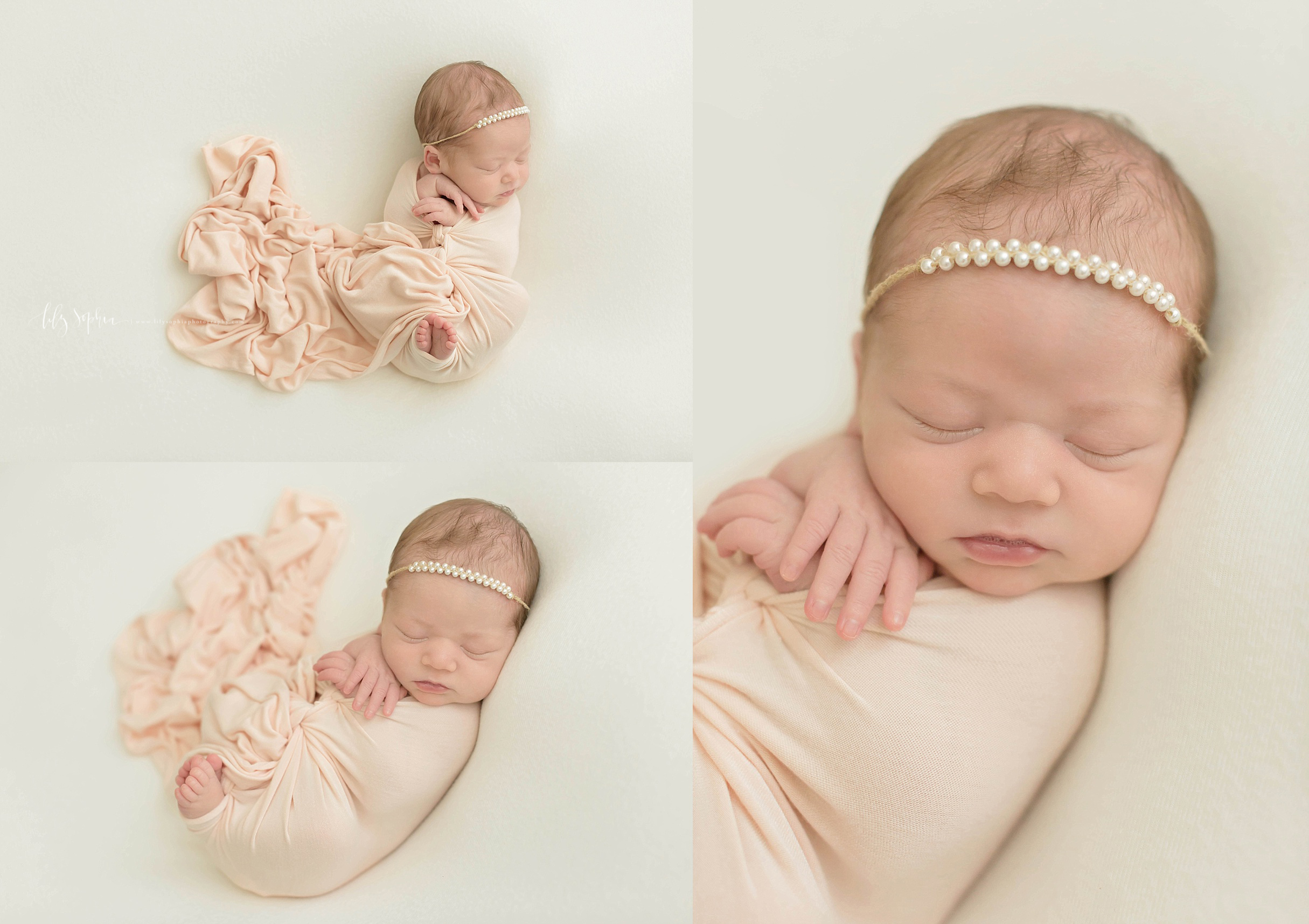  Image collage of a newborn, baby, girl, wrapped in a pink wrap, with her hands and her feet sticking out, wearing a pearl headband in her hair.&nbsp; 