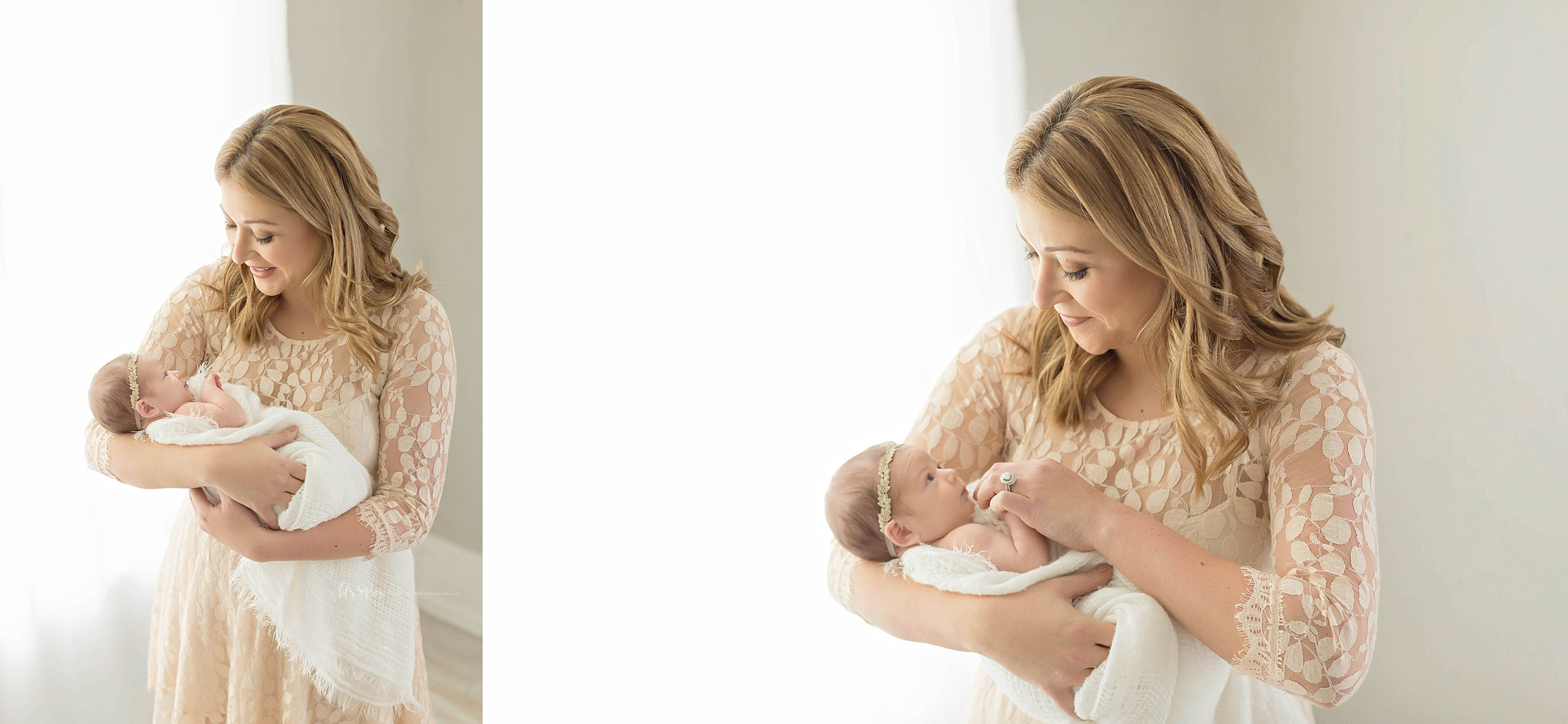  Side by side images of a new mother, holding her newborn, baby, girl,&nbsp;looking down at her and smiling.&nbsp; 
