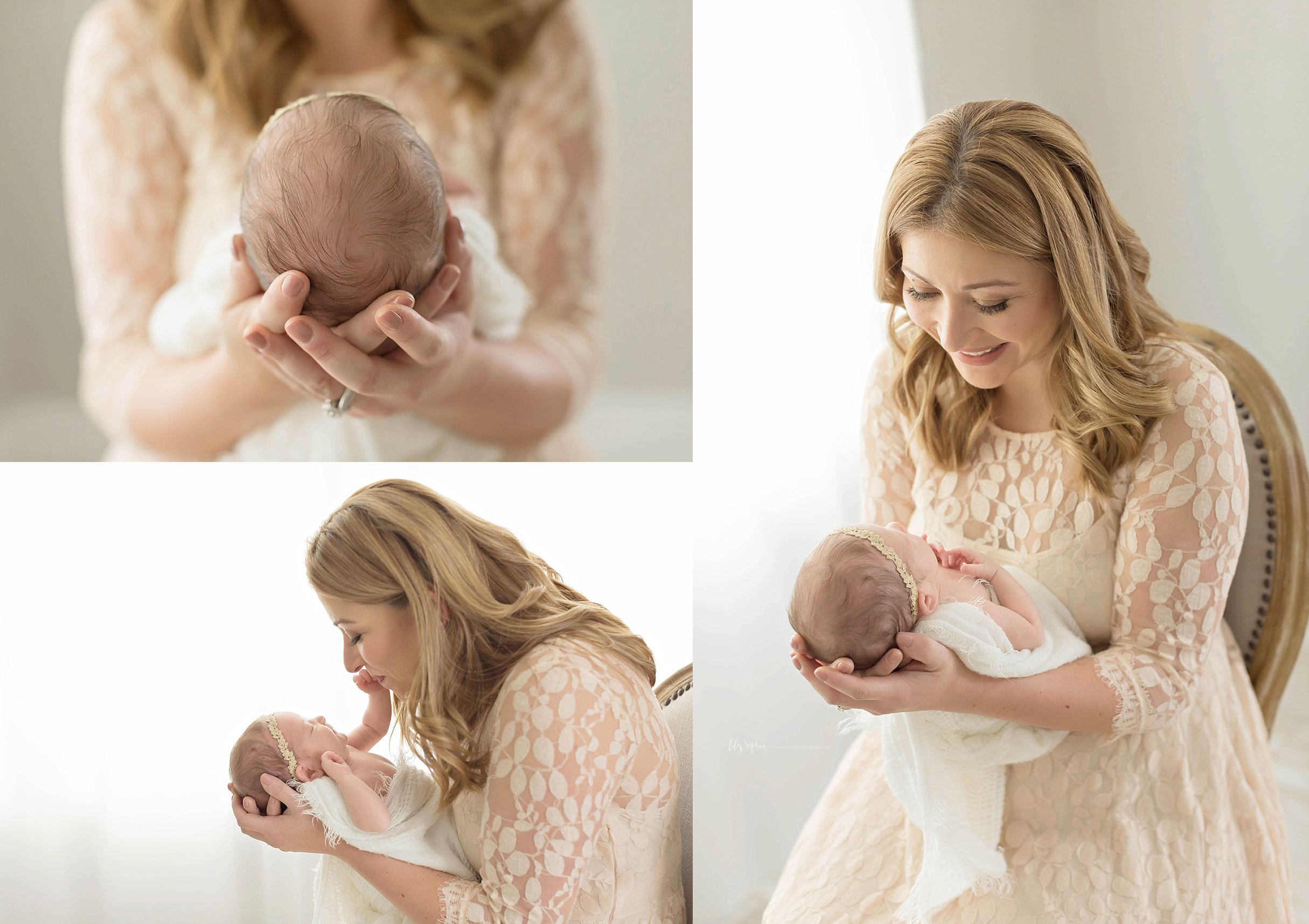  Images of a new mom, in a lace dress, sitting in a chair and holding her newborn, baby, daughter, up in her arms.&nbsp; 