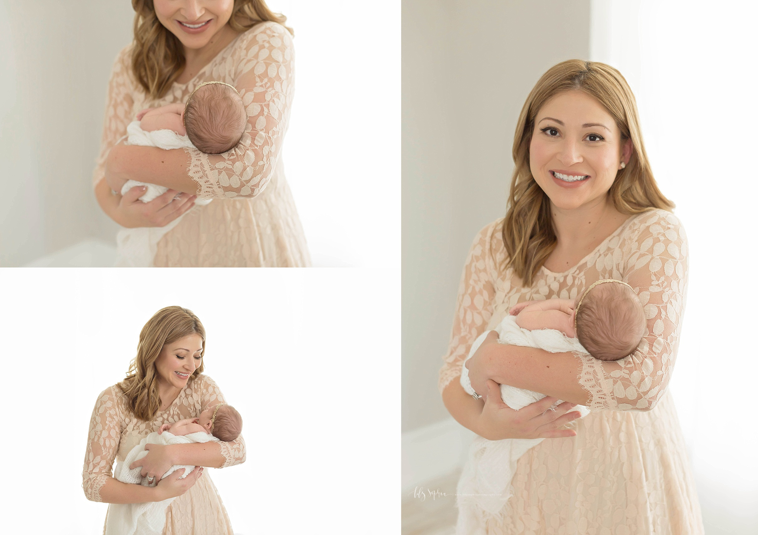  Image collage of a new mother, cradling her newborn, baby, daughter in her arms and smiling.&nbsp; 