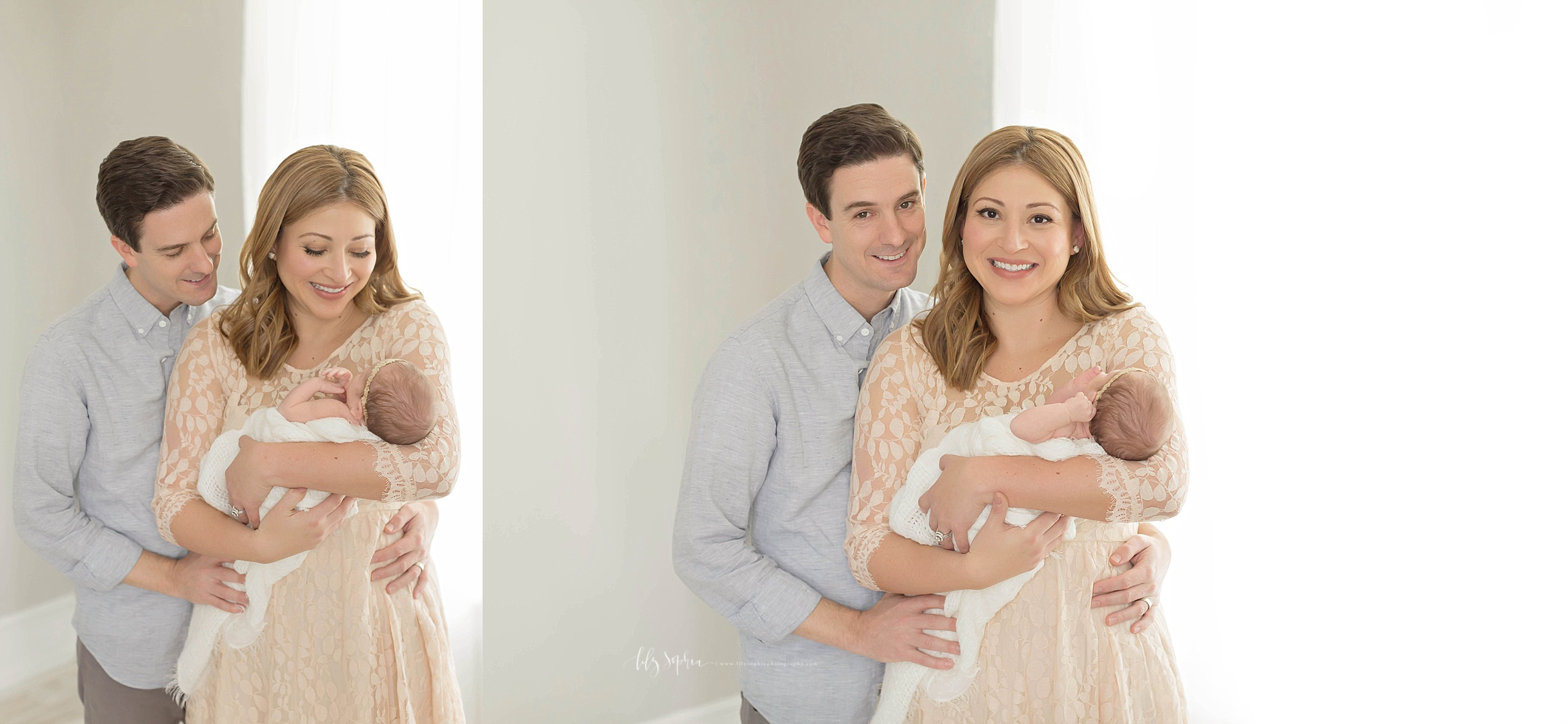  Side by side images of a mother holding her newborn, baby, daughter, as her husband looks on and smiles.&nbsp; 