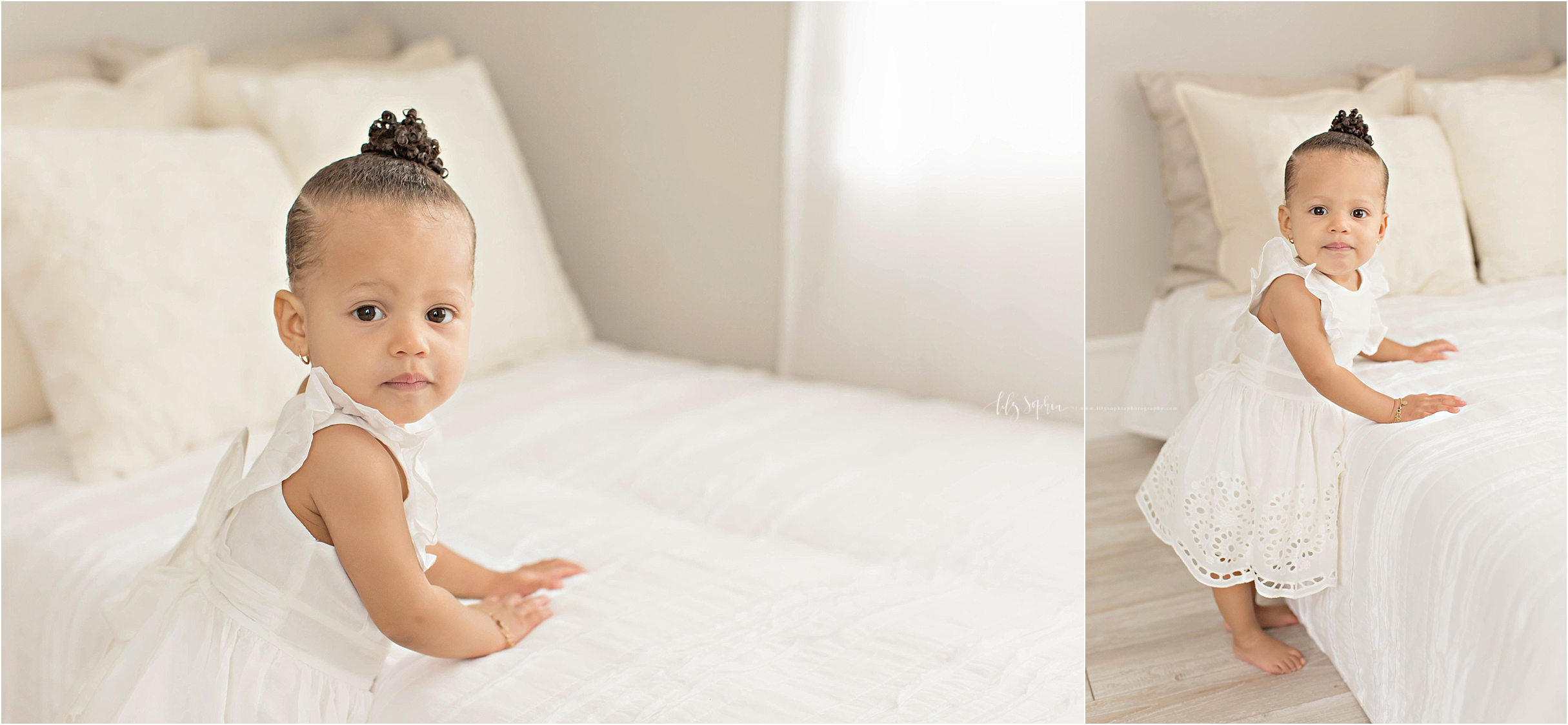  Side by side images of a one year old, baby, girl, who is African American, standing by a bed and looking at the camera.&nbsp; 