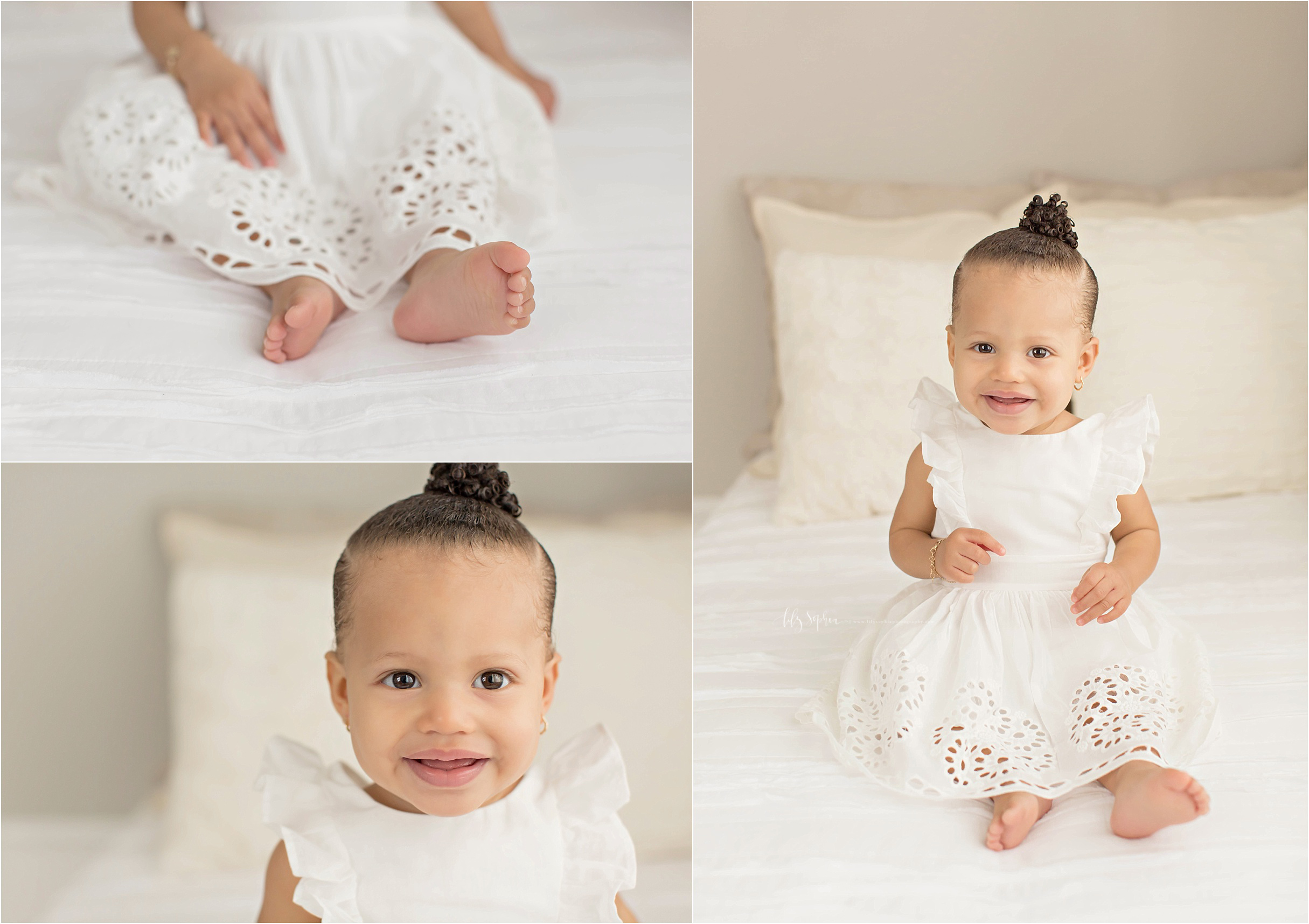  Image collage of a one year old, African American, baby girl., sitting on a bed, with her hair in a bun, smiling.&nbsp; 
