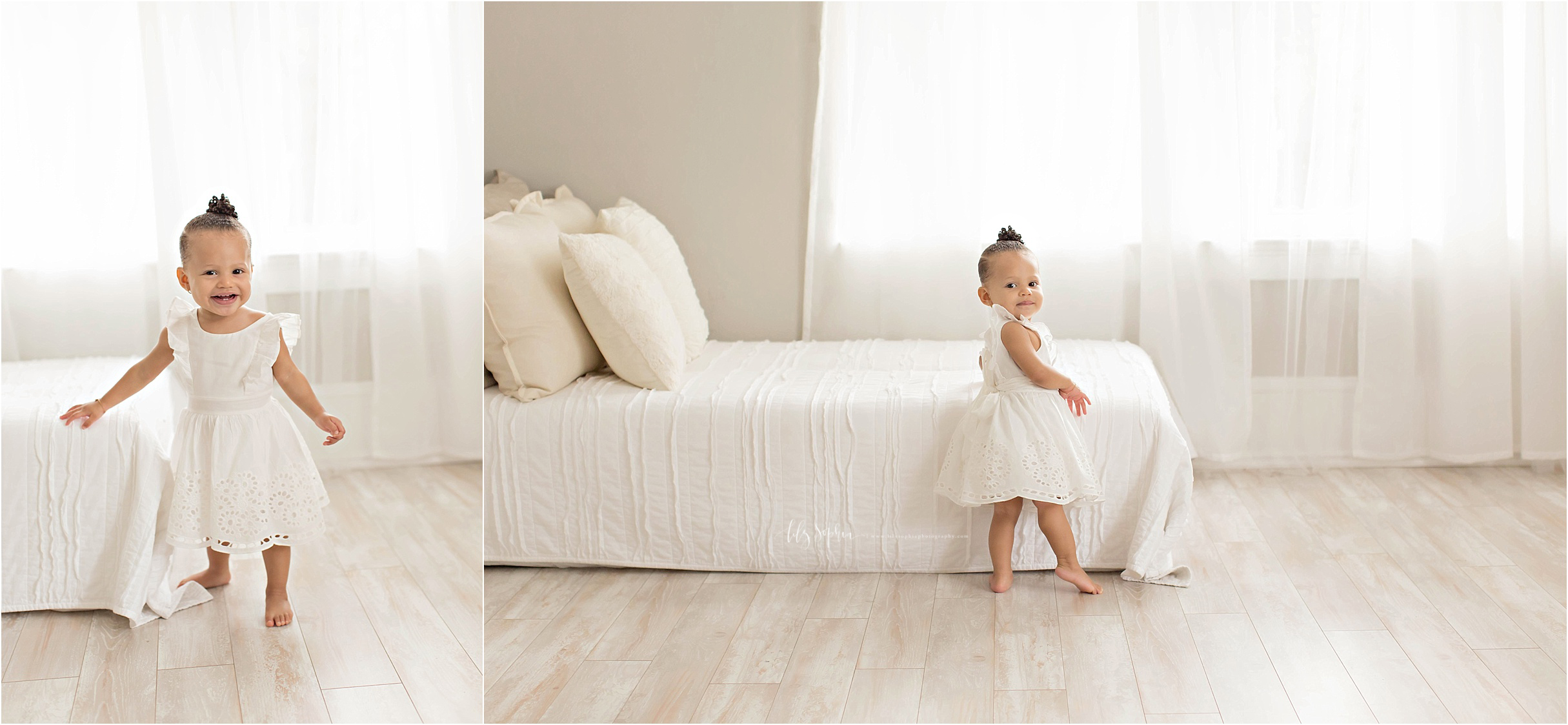  Side by side images of a toddler girl, standing by a bed in a white eyelet dress, smiling at the camera.&nbsp; 