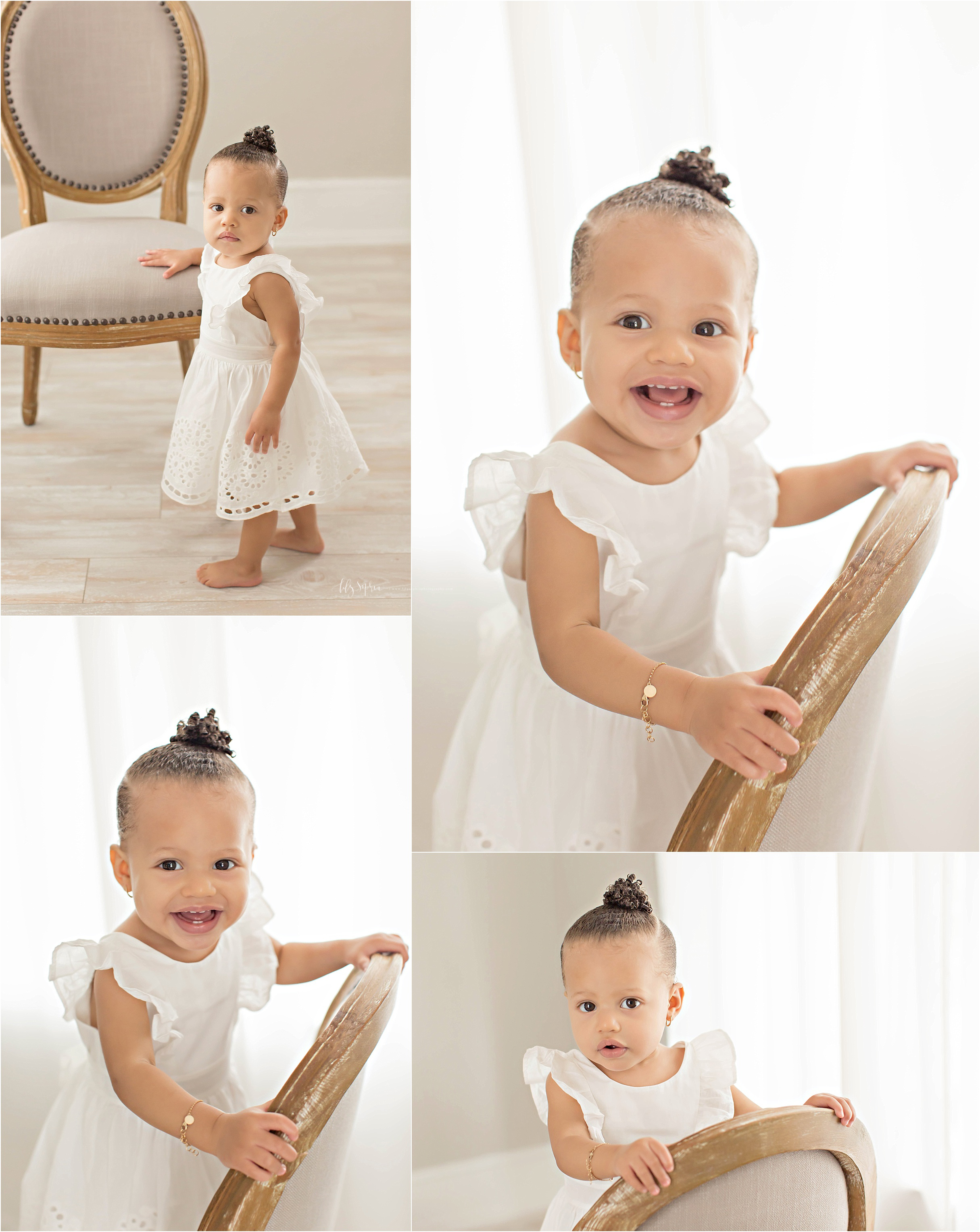  Image collage of an African American, girl, wearing a white, eyelet dress, and a bun in her hair.&nbsp; 