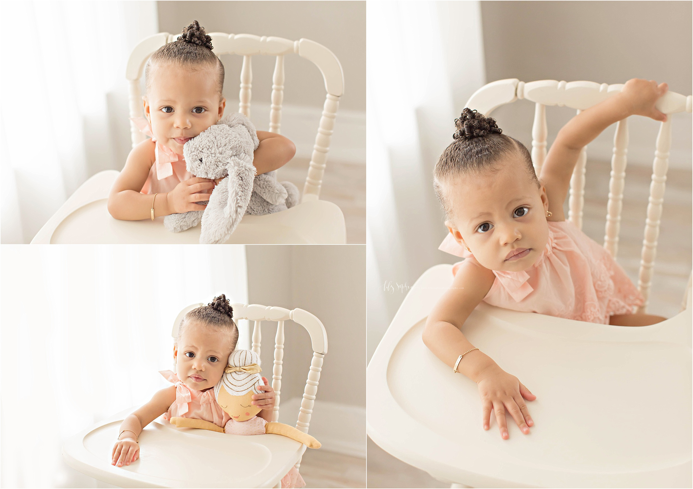  Image collage of an African American, baby, girl, sitting in a high chair with her favorite loveys.&nbsp; 