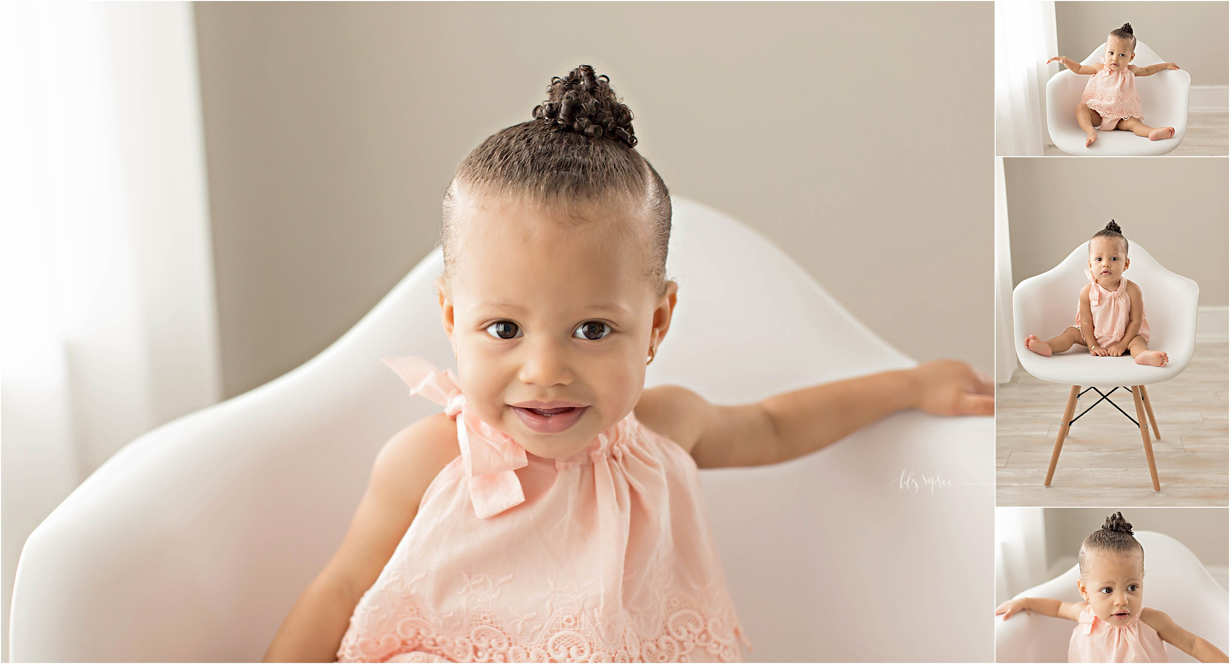  Image collage of a one year old, African American, baby, girl, sitting in a high back white chair, and smiling.&nbsp; 