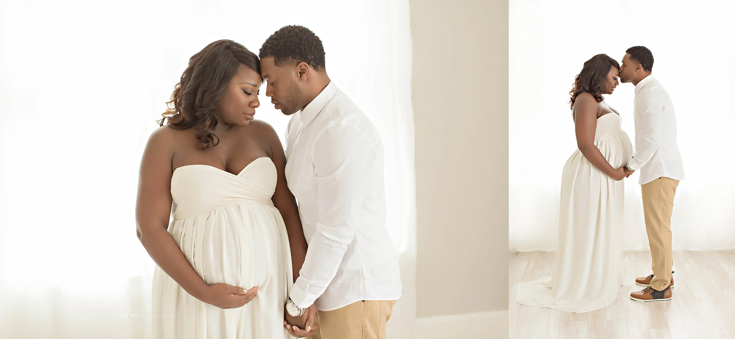 Side by side images of a pregnant African American couple, with their foreheads pressed together. 