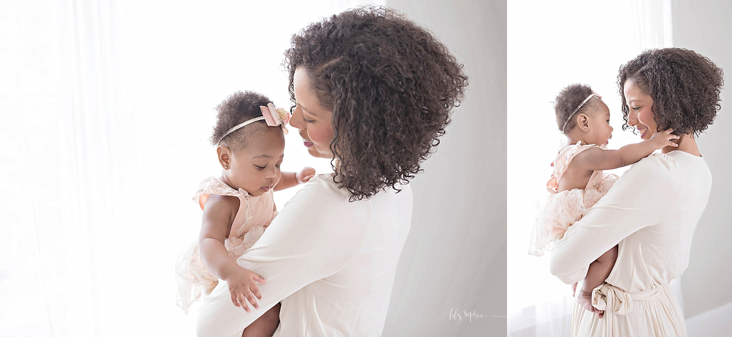  Side by side images of an African American mother, holding her 6 month old daughter in her arms and smiling down at her.&nbsp; 