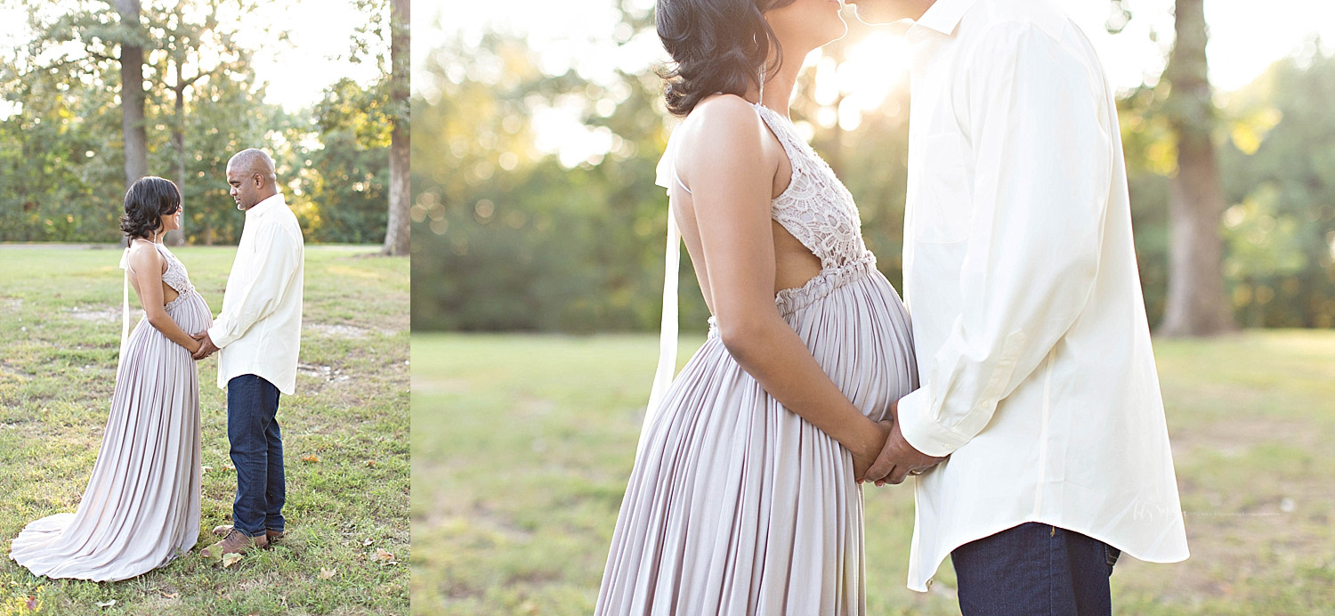  Side by side images of a an African American woman, wearing a light purple, lace top dress, facing her husband and holding his hands.&nbsp; 