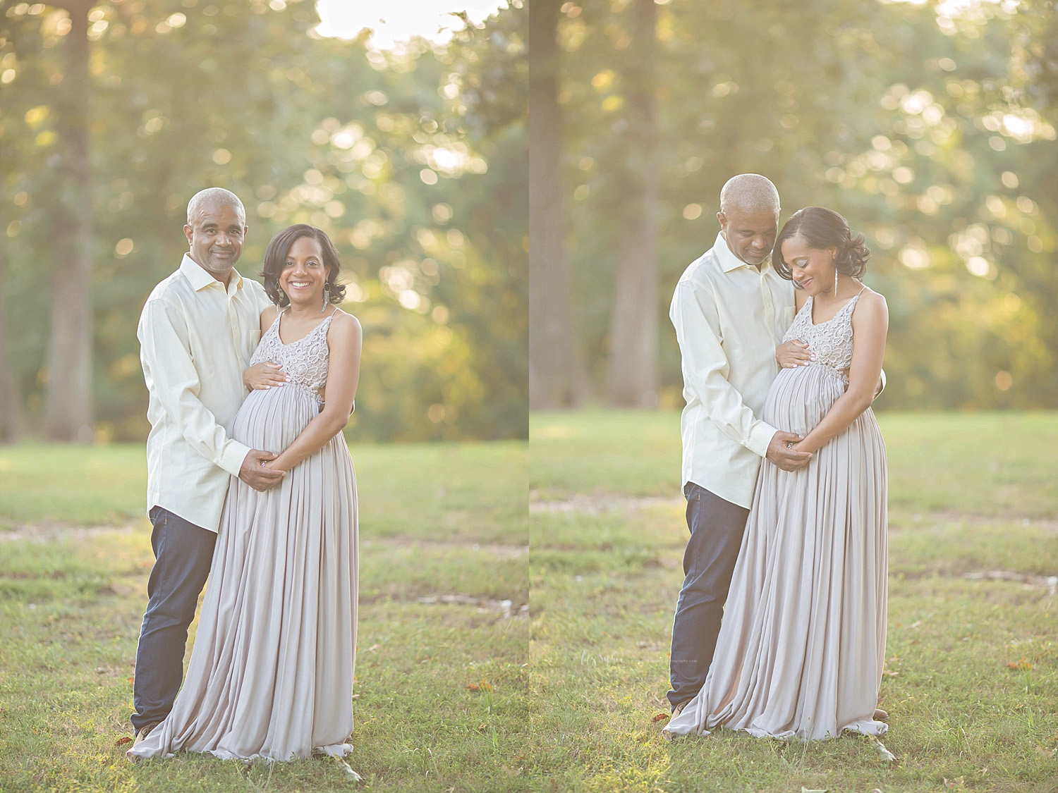  Side by side images of a pregnant, African American woman, and her husband, standing in a park at sunset.&nbsp; 