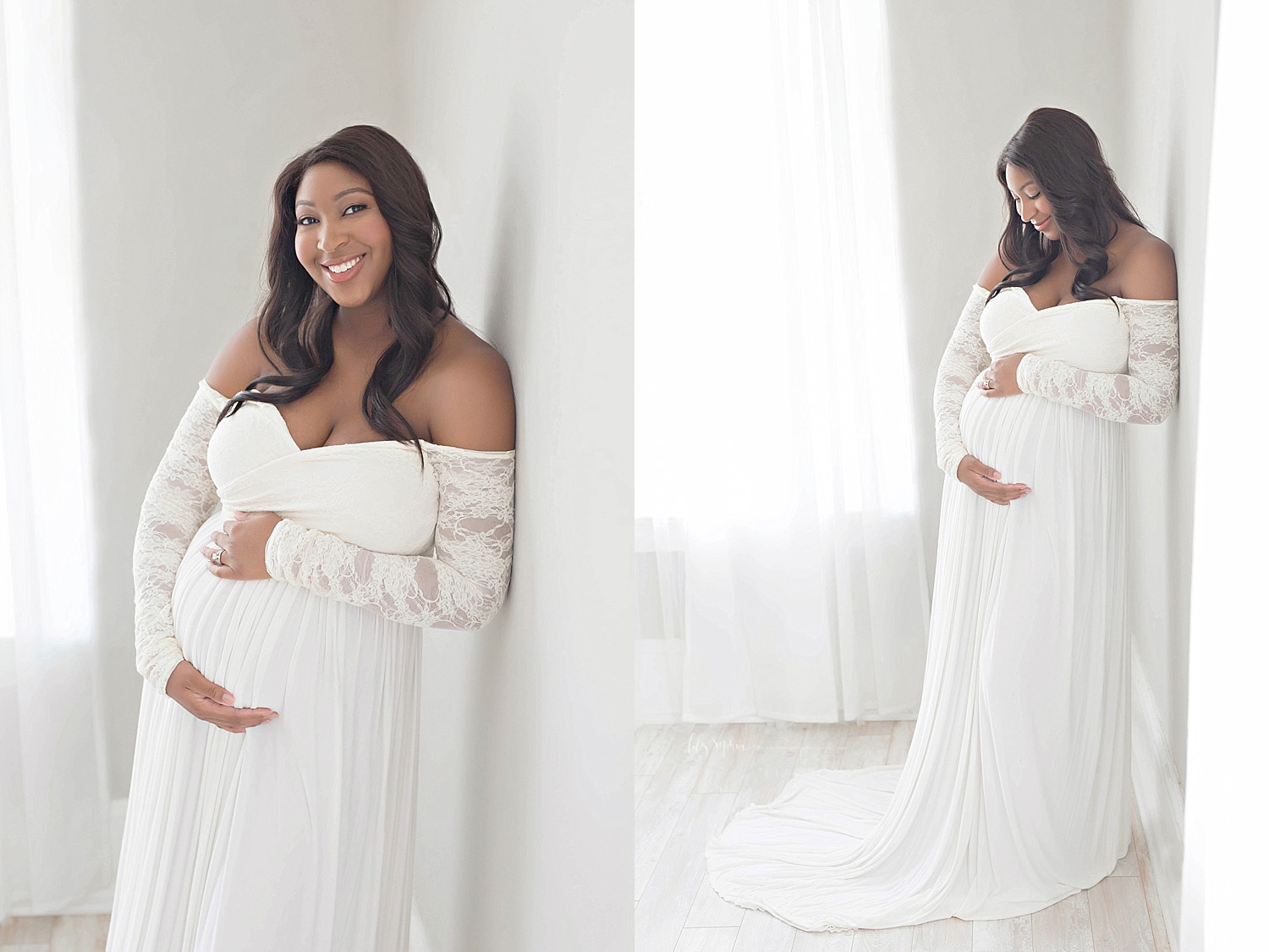  Side by side images of a pregnant, African American, woman, leaning against a wall, with her hands around her belly.&nbsp; 