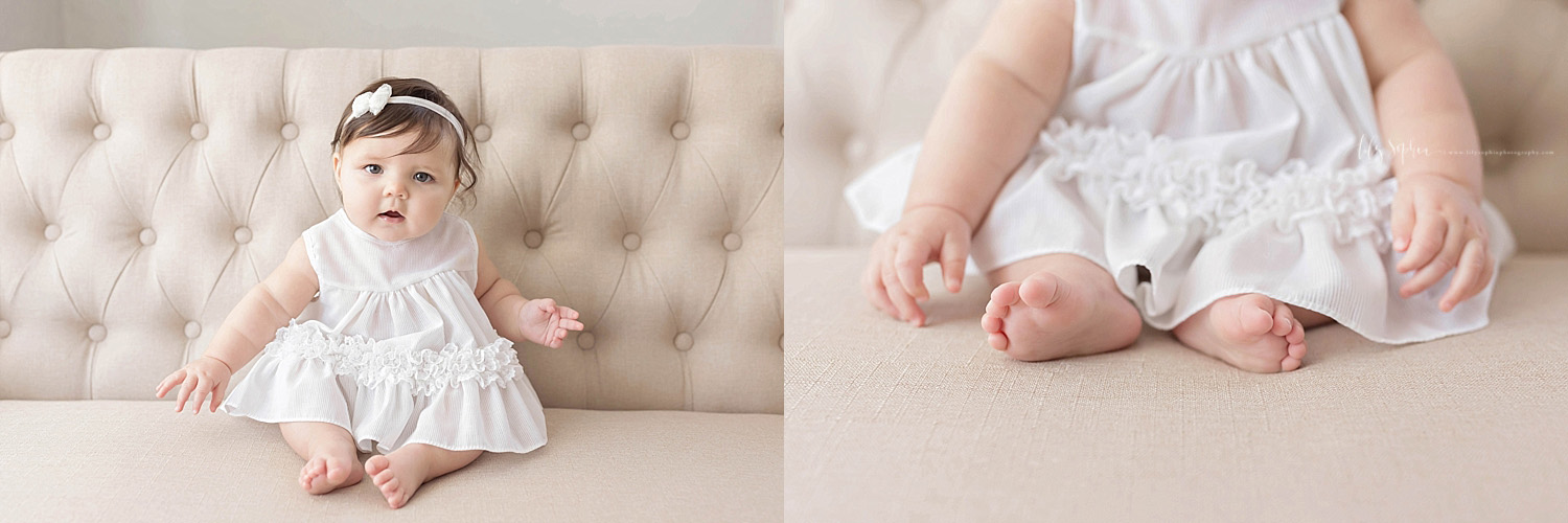  Side by side of a baby girl, wearing a white dress and bow headband, sitting on on a couch.&nbsp; 