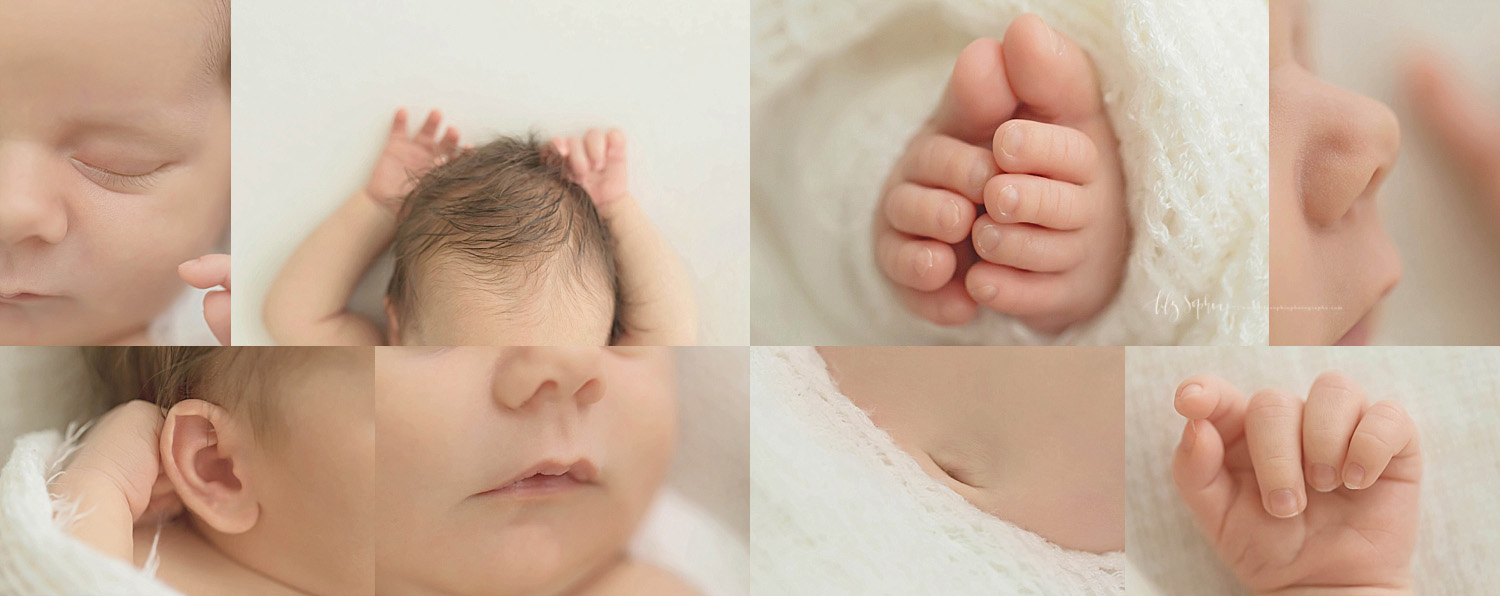  Image collage of newborn baby's, eyelashes, hands, toes, nose, mouth and fingers.&nbsp; 