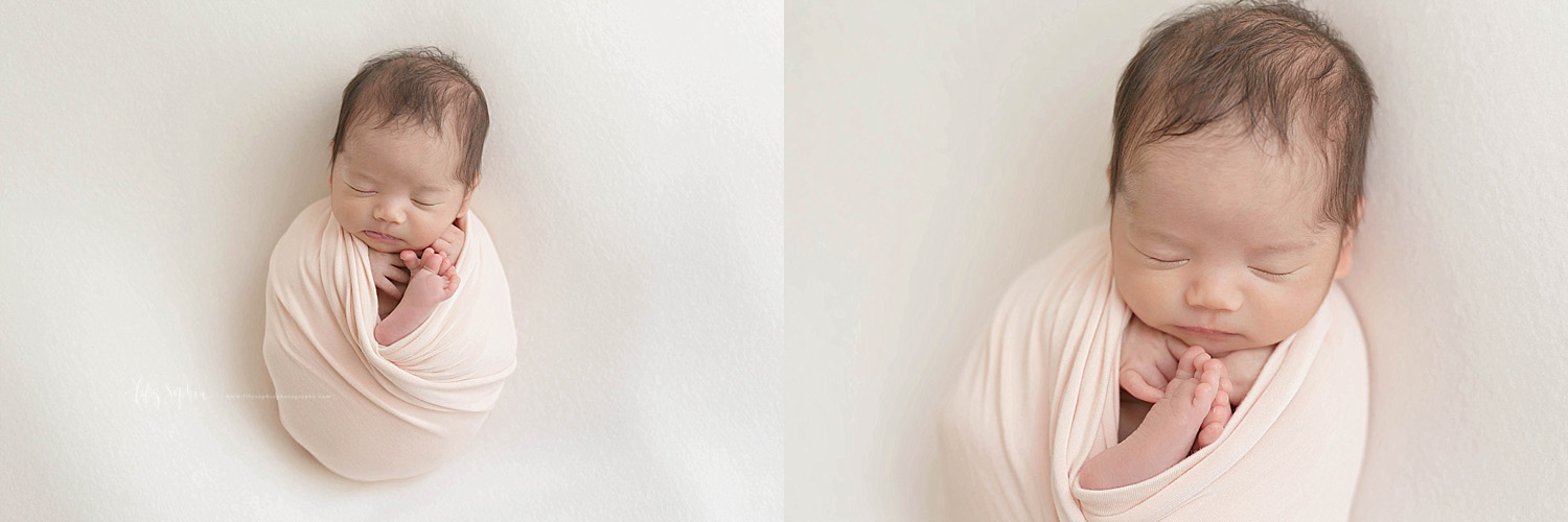  Side by side images of a sleeping, newborn, baby, girl, wrapped in a light pink wrap in the egg pose.&nbsp; 