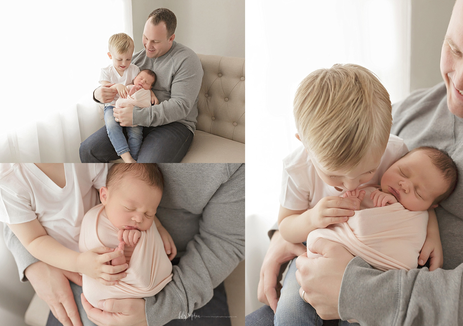  Image collage of a father sitting on a couch with his sleeping, newborn, baby, daughter, and his toddler son on his lap.&nbsp; 