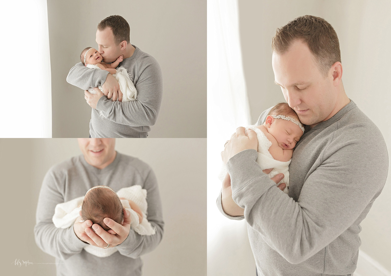  Image collage of a father, loving on his sleeping, newborn, baby, daughter.&nbsp; 