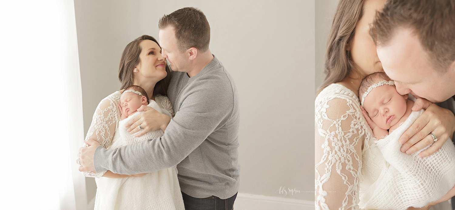  Side by side images of a mother and father, holding their newborn, baby, sleeping daughter in their arms.&nbsp; 