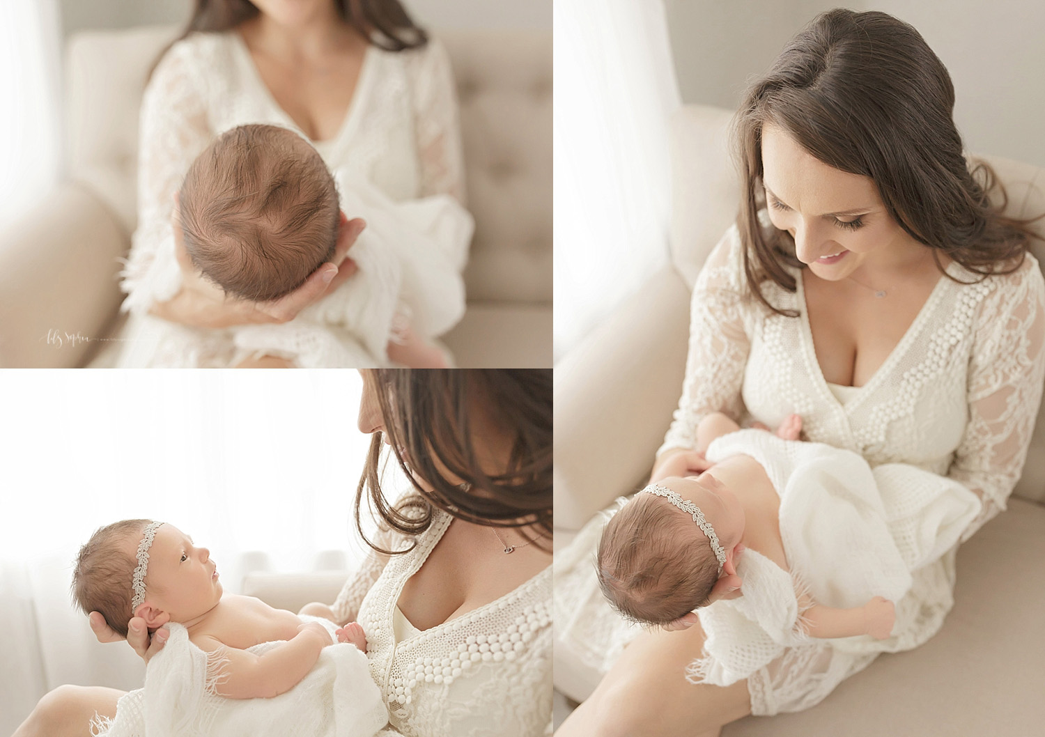 Image collage of a mother, wearing a lace dress, holding her newborn, baby, daughter.&nbsp; 