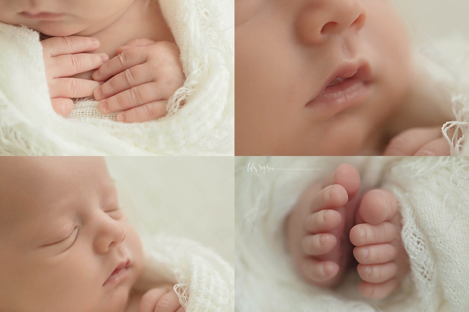  Macro image collage of newborn baby hands, lips, face, and toes.&nbsp; 