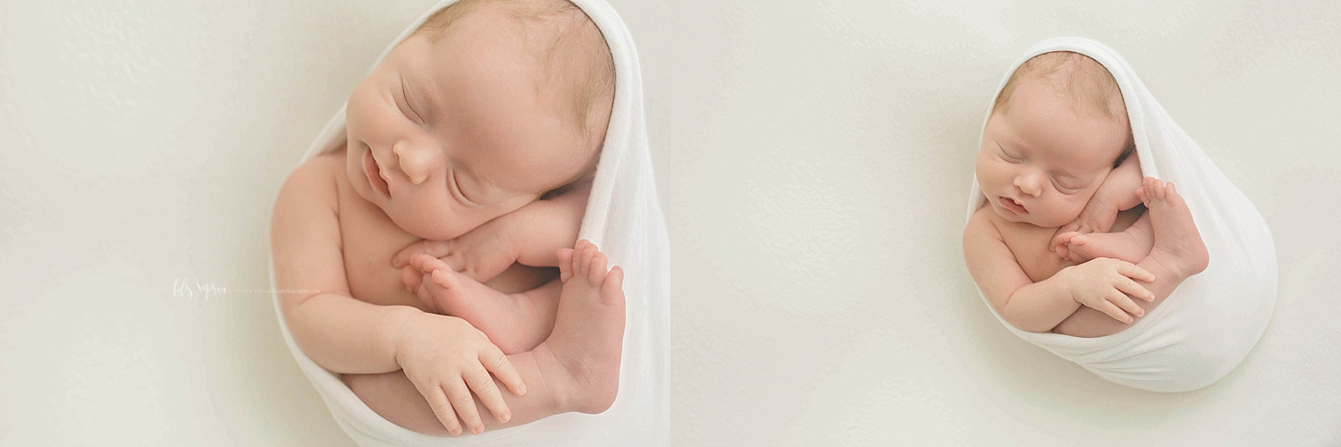  Side by side images of a sleeping, newborn, baby, boy, wrapped in the egg pose.&nbsp; 