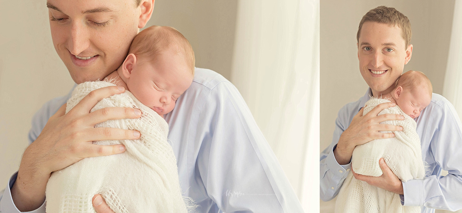  Side by side images of a father, cradling his sleeping, newborn son on his shoulder.&nbsp; 