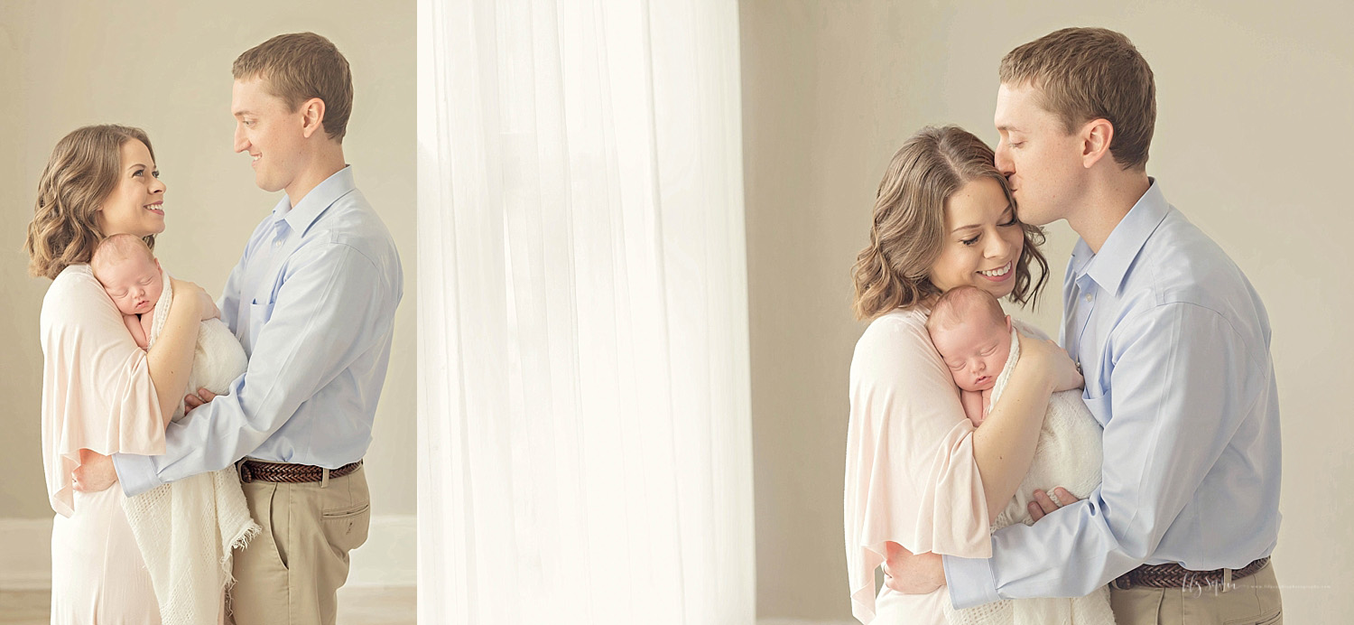  Side by side images of a mother, holding her sleeping, newborn son, while her husband hugs her and then kisses her forehead.&nbsp; 