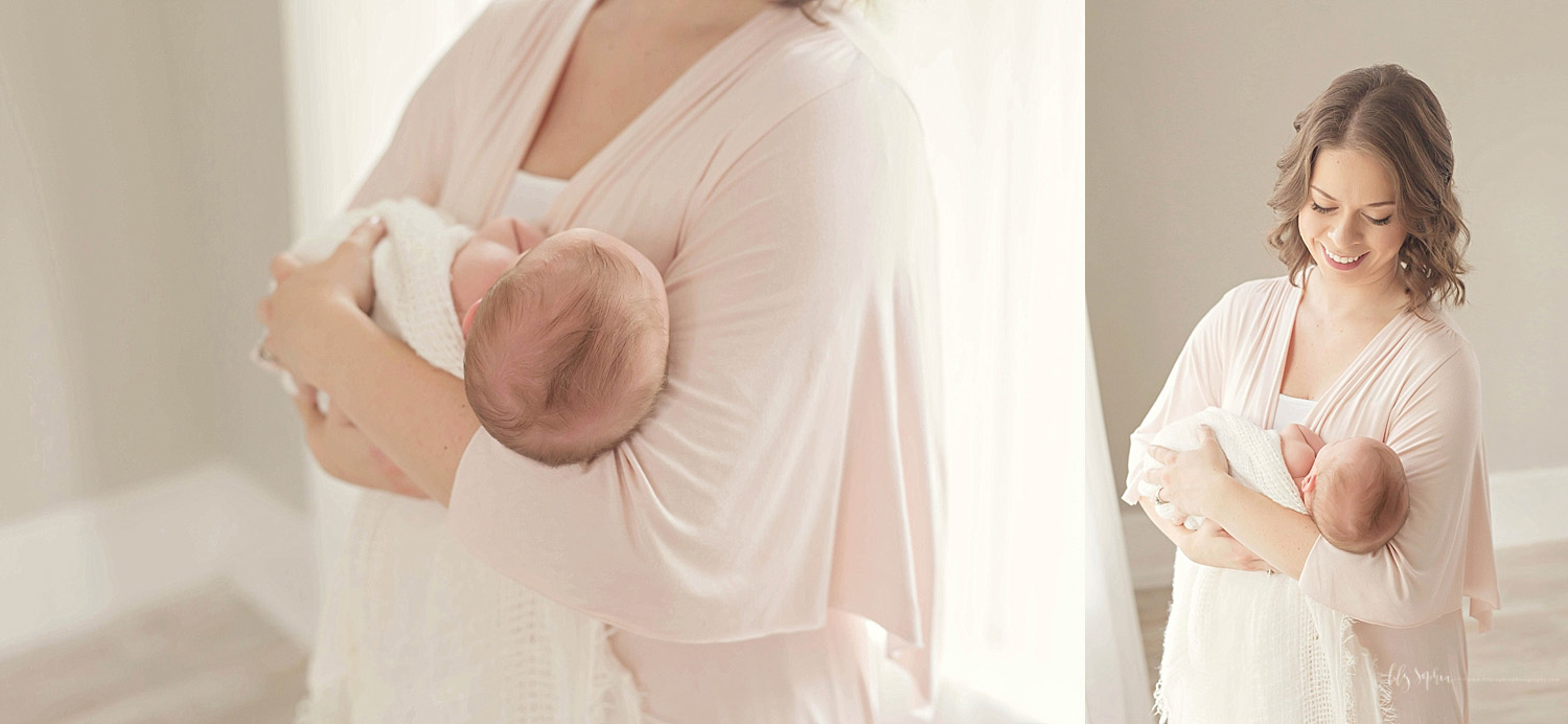  Side by side images of a new mother, wearing a light pink dress,&nbsp; cradling her newborn son in her arms.&nbsp; 