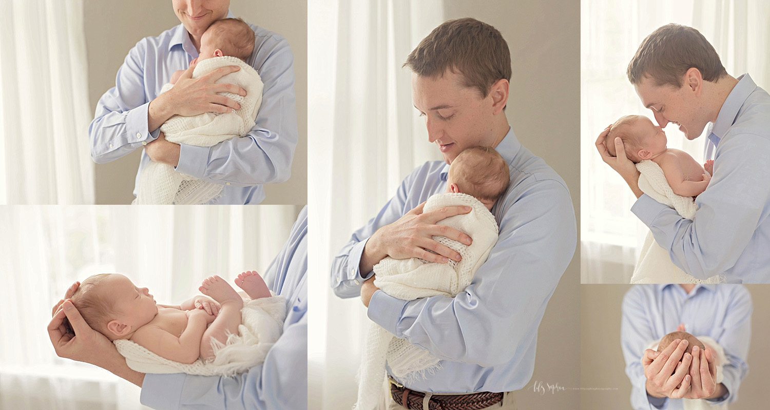  Image collage of a father, in a blue button down shirt and khaki pants, interacting with his newborn son.&nbsp; 