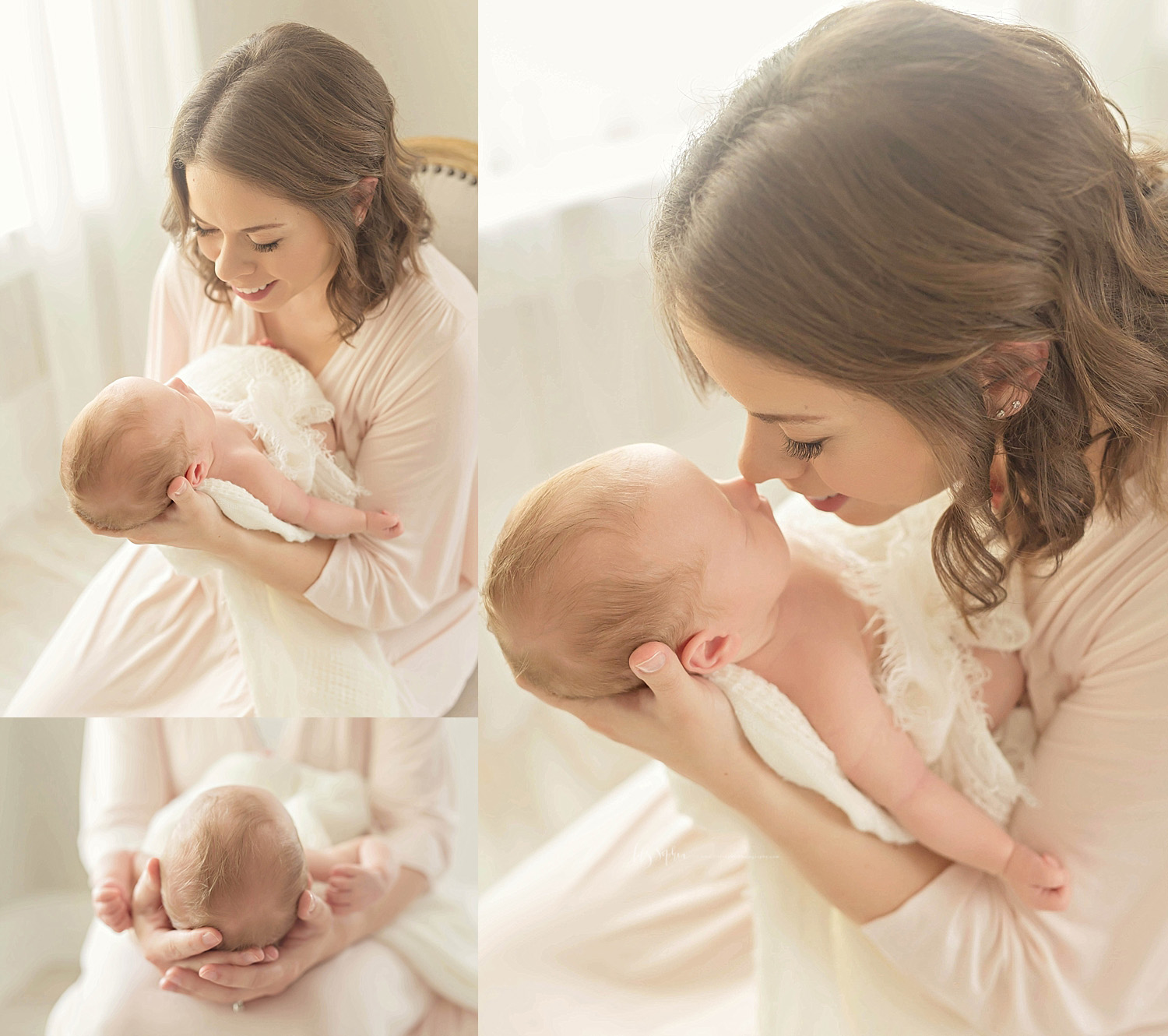  Image collage of a mother, sitting on a chair and interacting with her sleeping, newborn son.&nbsp; 