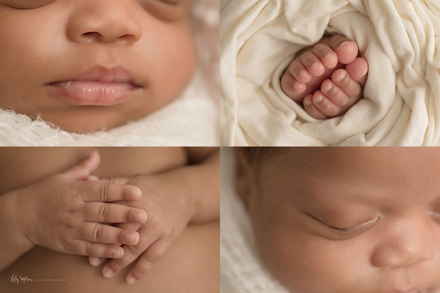  Image of baby girl lips, toes, hands and eyelashes. 