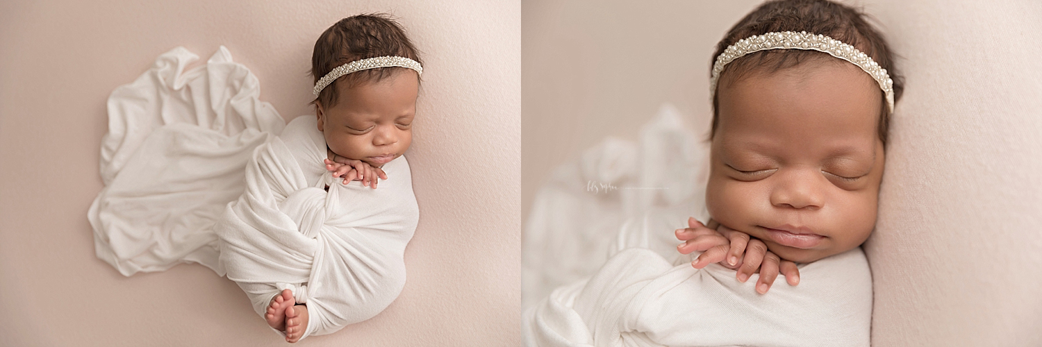  Side by side images of a sleeping, African American, baby, girl, wrapped in a white wrap, with just her toes and fingers sticking out with a pearl tie back in her hair.  