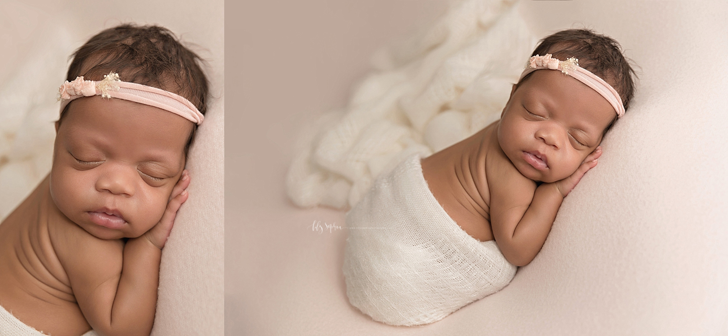  Side by side images of an African American baby girl, sleeping on her stomach, with her hand under her chin, with just her bottom wrapped in a cream waffle weave blanket and a peach tie back in her hair.  