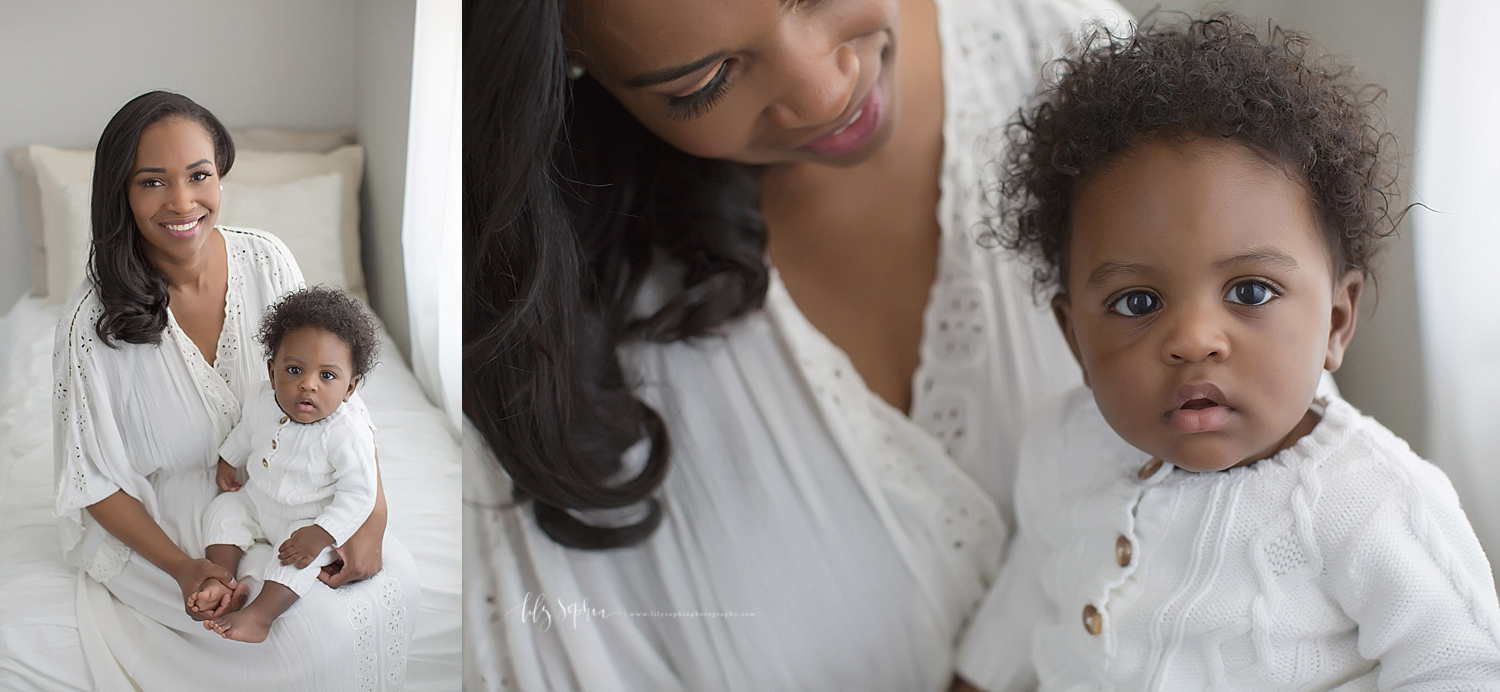  Side by side images of an African American mother, wearing a white lace dress, holding her 6 month old son and sitting on bed.  